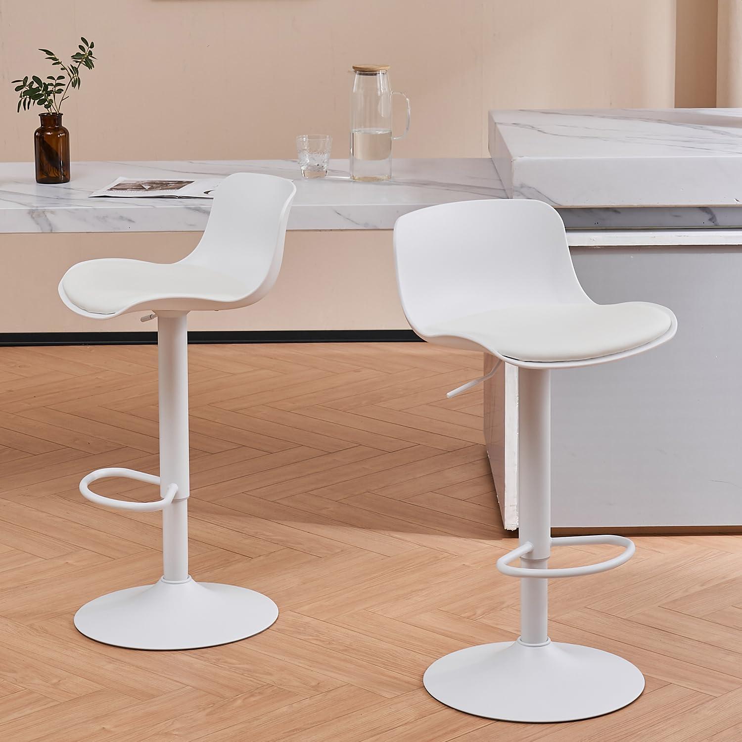 Height Adjustable Swivel PP Bar Stool with PU Padded Seat, White, Set of 2