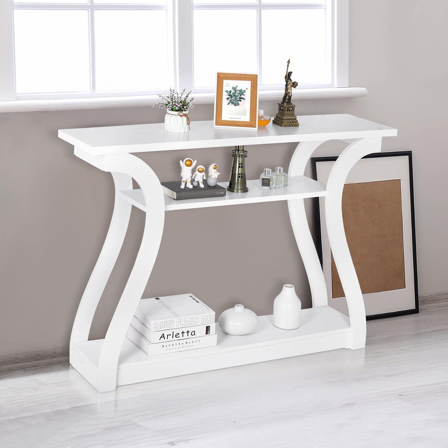 White MDF Console Table with Curved Legs and Shelves