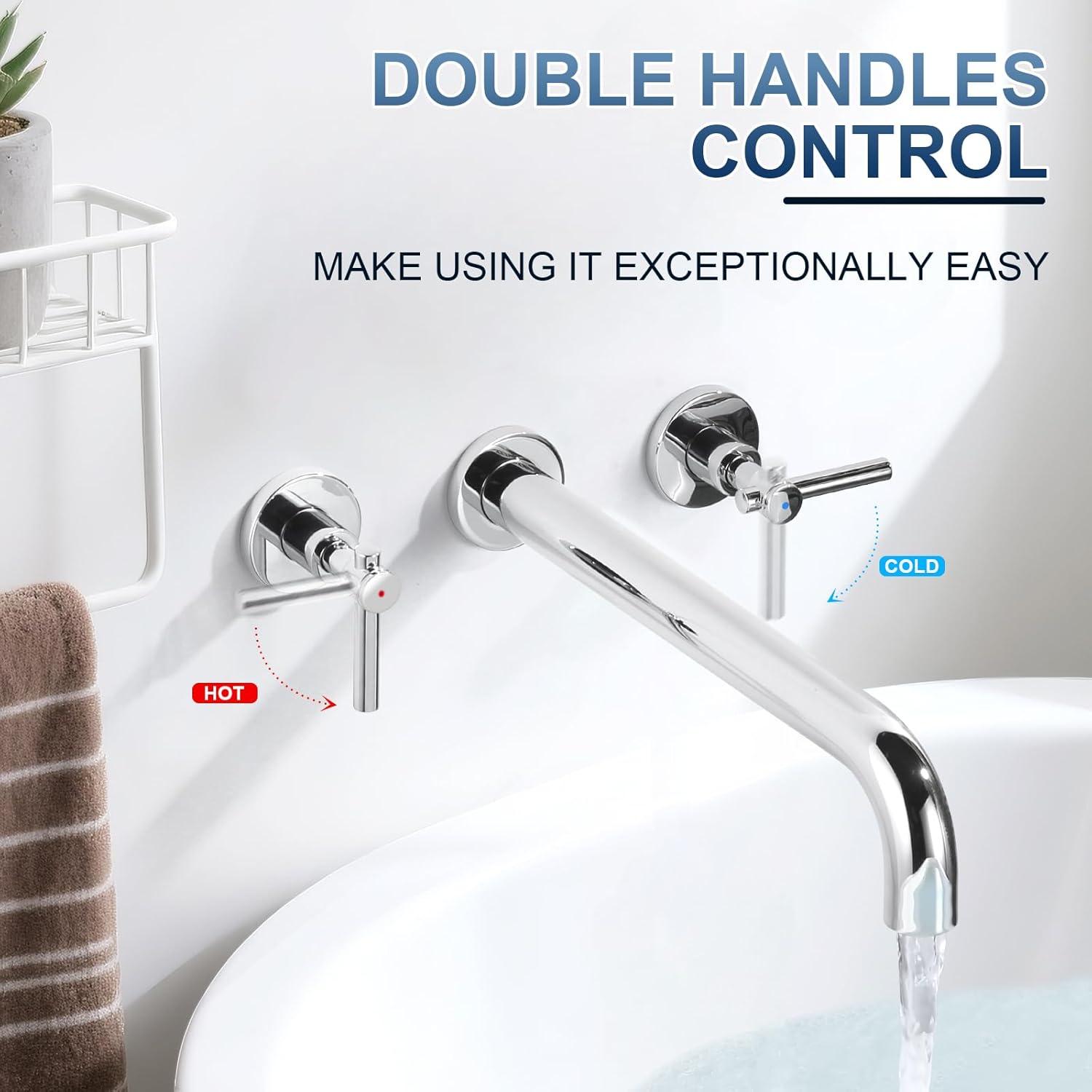Wall Mount Tub Filler Tub Faucet High Flow Bathtub Faucets Two Handles Solid Brass, 12" Long Spout Reach, Chrome