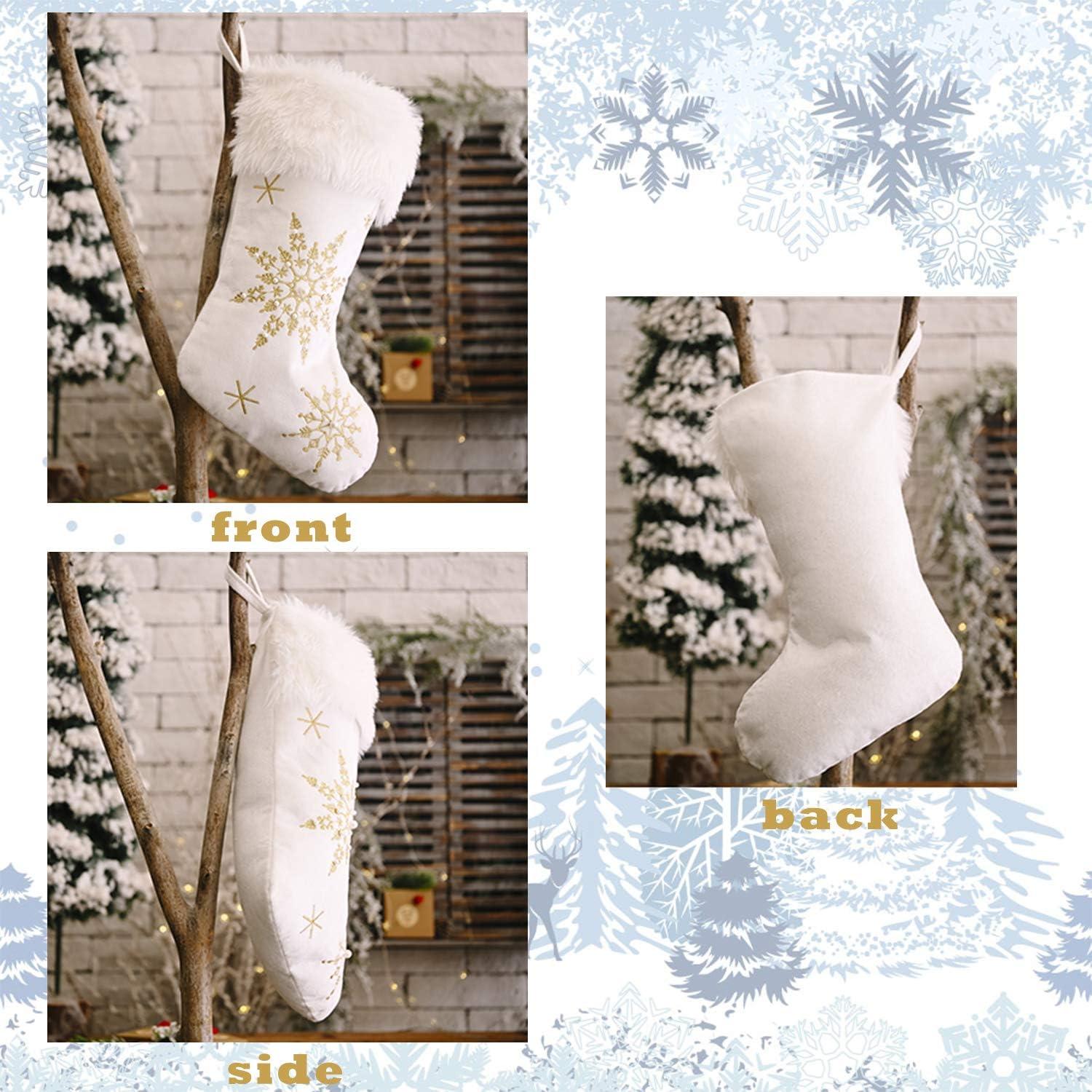 White Christmas Stockings 1 Pack, Family Stockings Christmas 19.7” Large Christmas Stockings with Plush Faux Fur Cuff (Silver/Gold Snowflake Embroidery) Giant Xmas Stockings Hanging Stockings