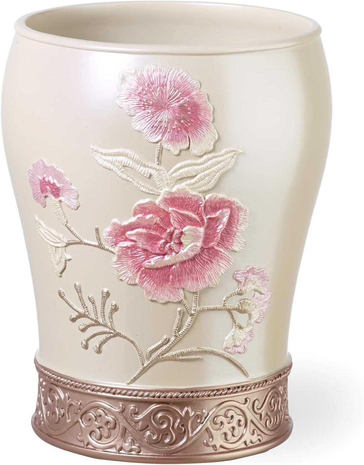 Beige Floral Resin Waste Basket with Rose Accents