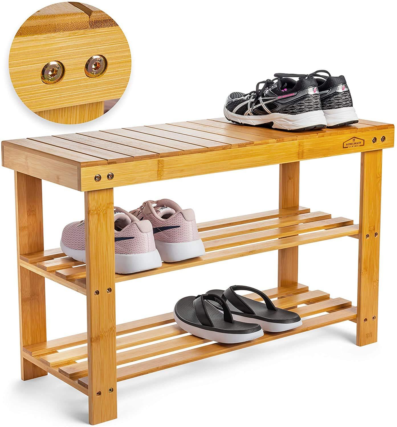 Homemaid Living Bamboo 3 Tier Shoe Rack Small Bench, Outdoor Shoe Rack Weatherproof - Shoe Rack with Bench, Bathroom Bench, Shoe Organizer for Entryway, Hallway, Living Room (Natural Bamboo)