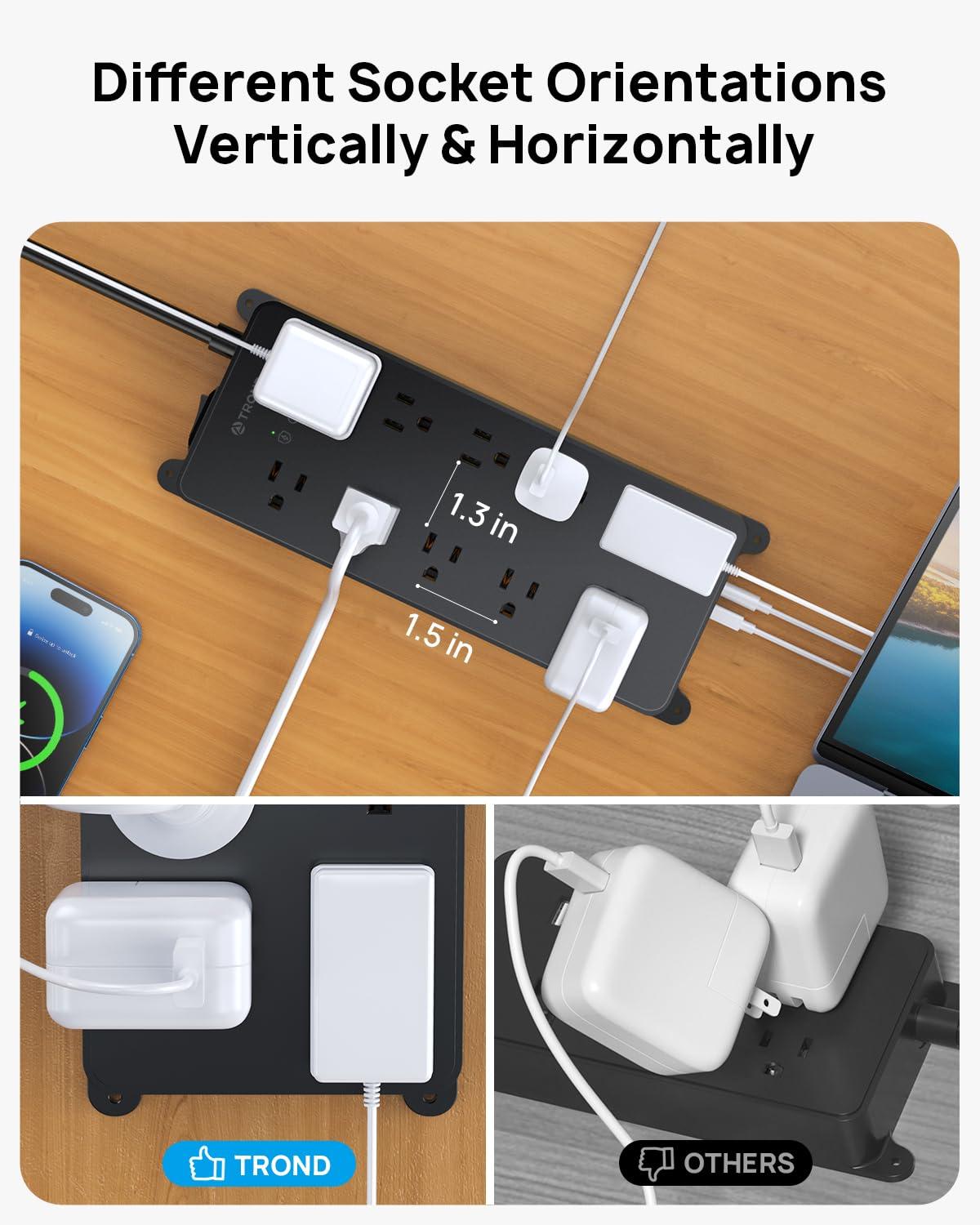 TROND Power Strip Surge Protector, 4000J, ETL Listed, 15A, 10 Widely Spaced Outlets with 4 USB Ports, Flat Plug 5ft Extension Cord, Wall Mountable, 14AWG Heavy Duty, for Home Office Garage, Black