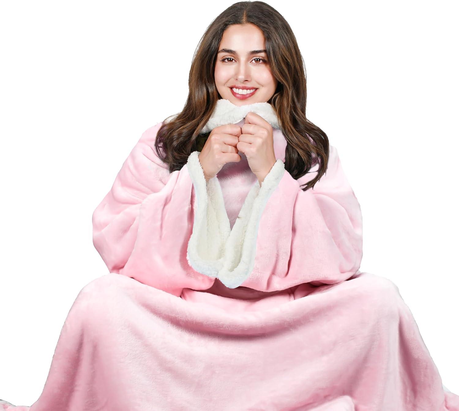 Tirrinia Sherpa Pink Wearable Blanket for Adult Women, Men, Girlfriend, Super Soft Comfy Warm Plush Reading Throw with Sleeves TV Blanket Wrap Robe Cover for Sofa, 72" x 55"