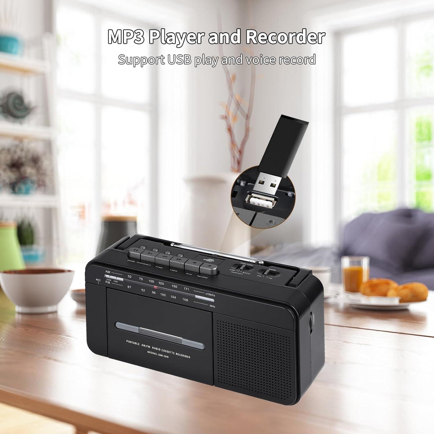 Boombox MP3 Conversion Cassette Tape Player Recorder AM FM Radio, Cassette to MP3 Digital Converter, USB Recording, Built-in Microphone, Big Speaker and Earphone Jack by AC or C Batteries