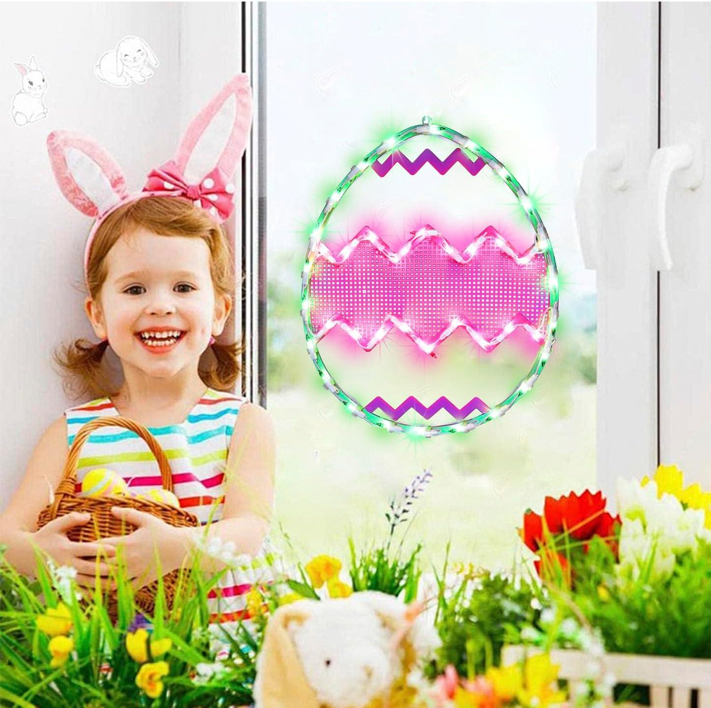 Northlight Lighted Chevron Stripe Easter Egg Window Decoration - 17" - Green and Pink