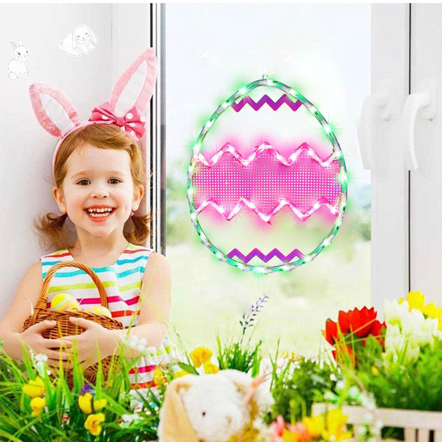 Northlight Lighted Chevron Stripe Easter Egg Window Decoration - 17" - Green and Pink