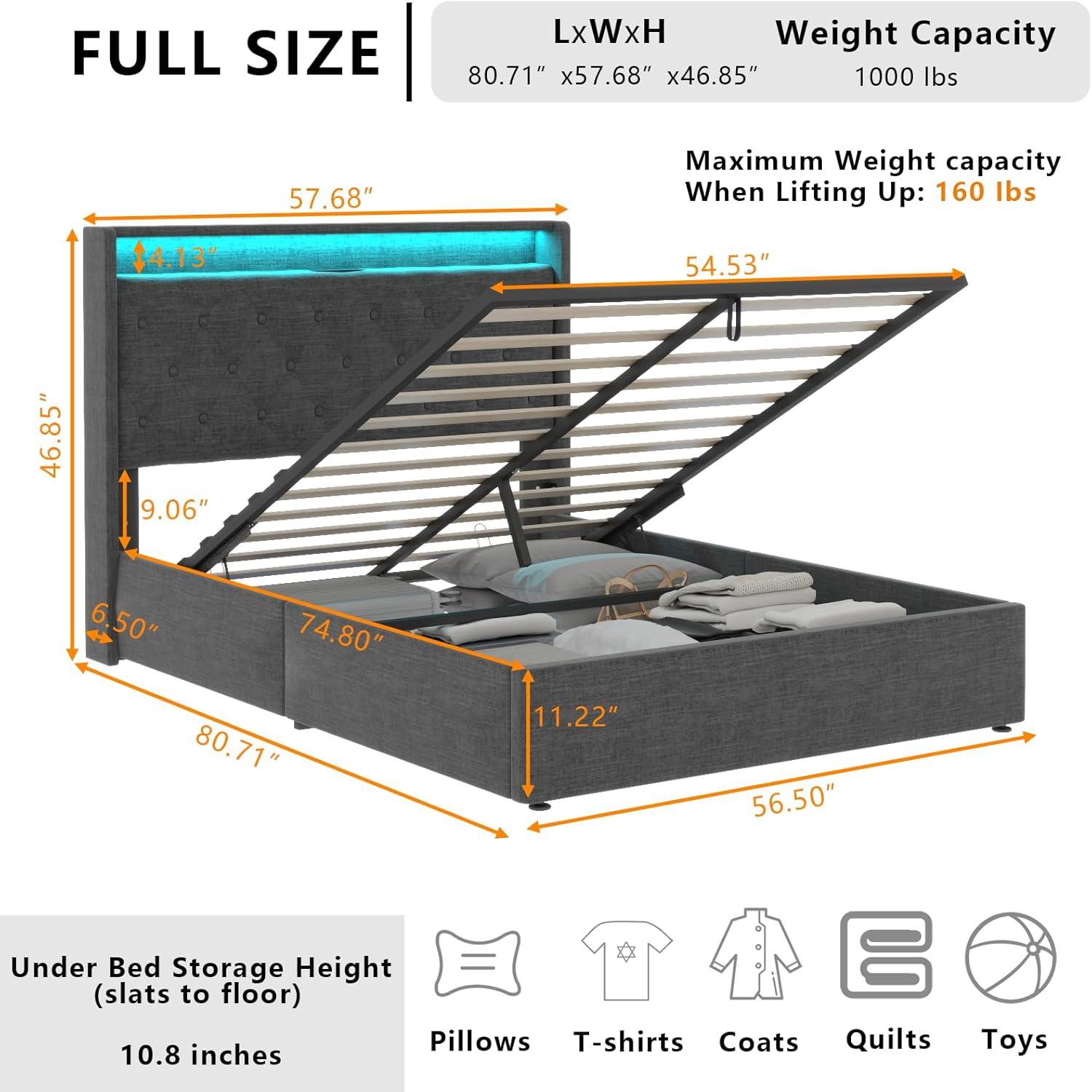 Dark Gray Full Upholstered Lift-Up Bed with LED and Charging Station