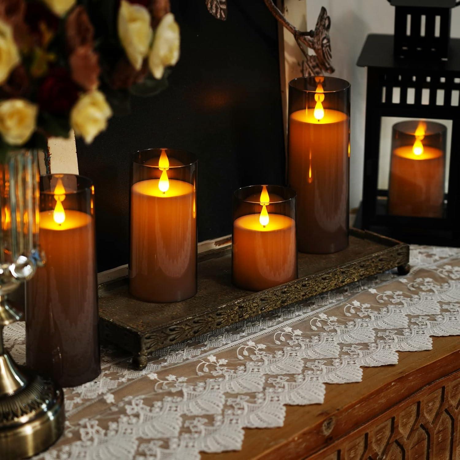 Flameless Candles with Remote and Timer - Set of 5 Grey LED Pillar Candles Battery Operated, Realistic Flickering Flame, Acrylic Shell for Safety Perfect for Weddings, Home Decor, and More!