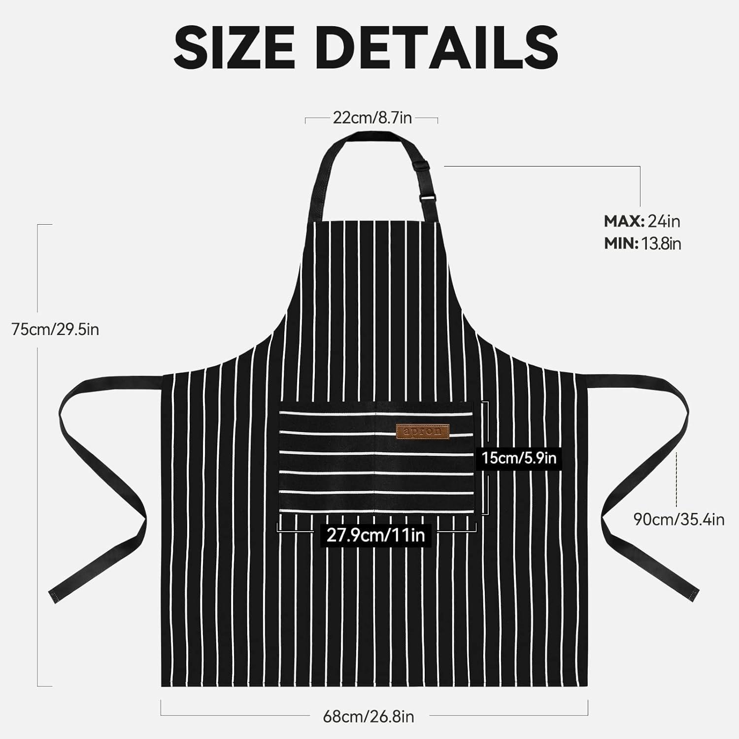 NLUS 2 Pack Cooking Aprons for Women Men with 2 Pockets, 29.5" x 26.8" (Black/Brown Stripes)