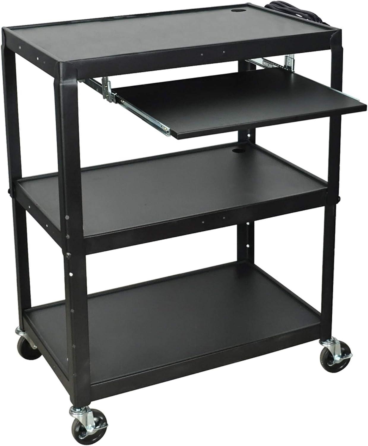 Extra Wide Steel Adjustable Height AV Cart With Pullout Keyboard Shelf