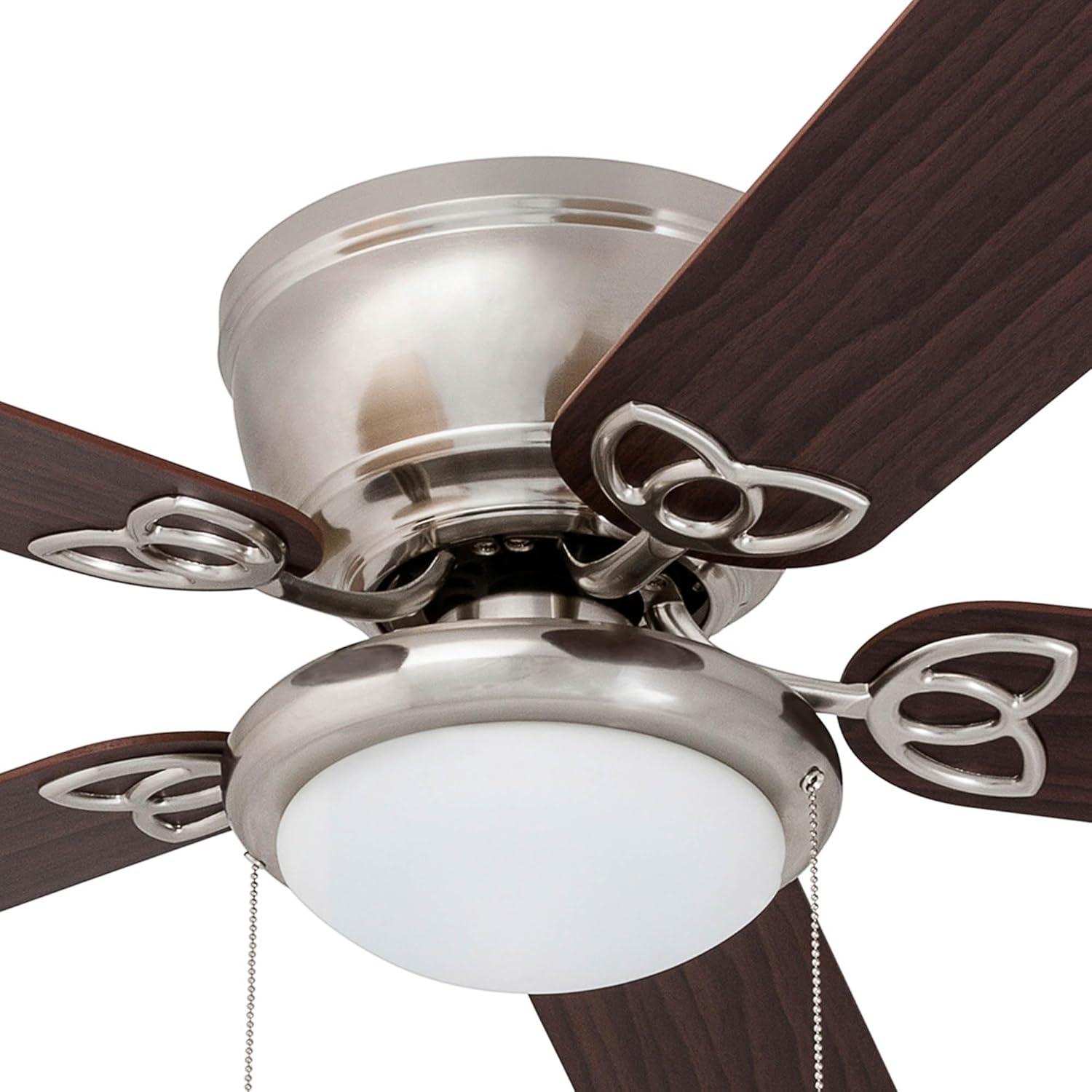 Prominence Home 51428 Benton Hugger/Low Profile Ceiling Fan, 52” Walnut/Maple Blades, LED Globe Light, Brushed Nickel