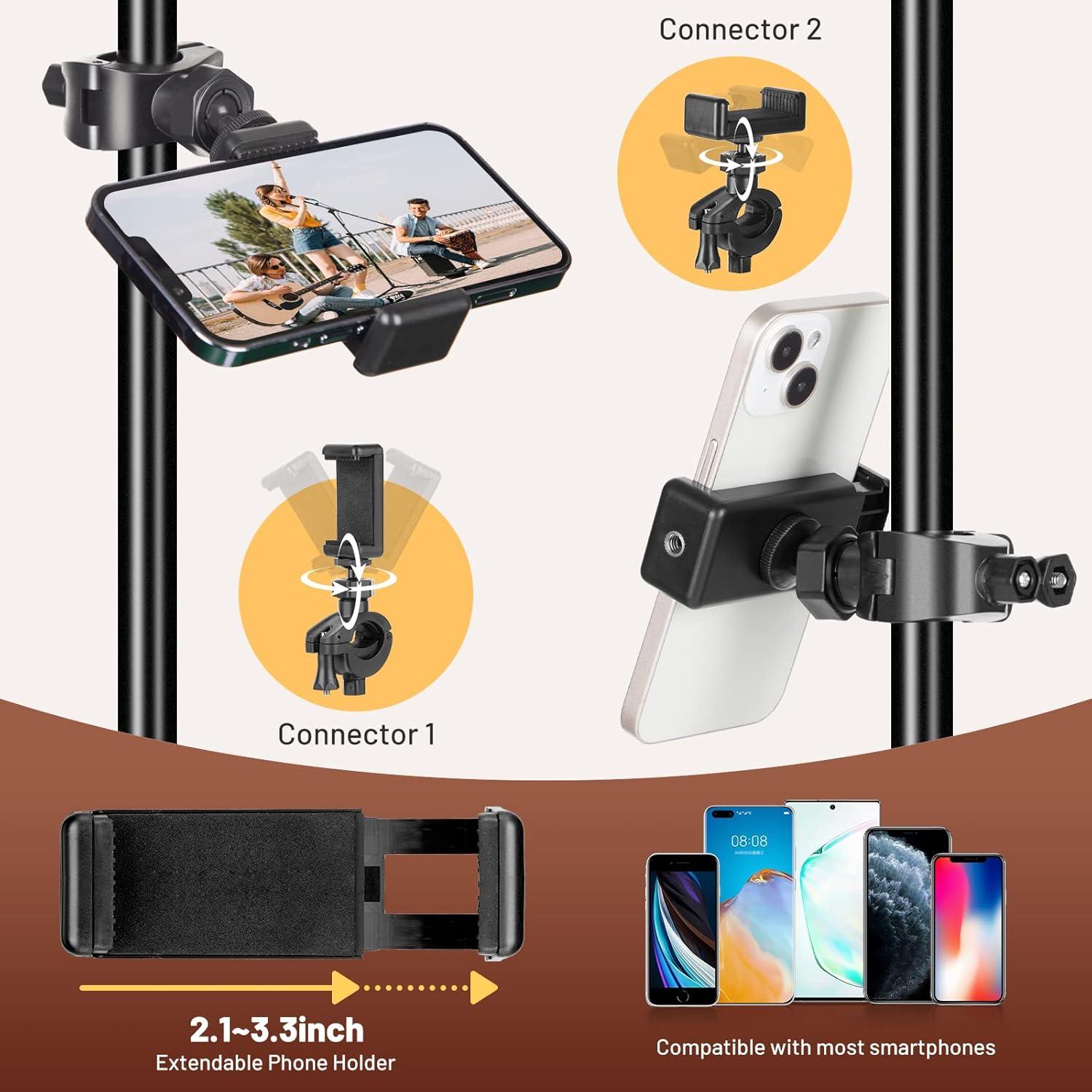 CAHAYA Dual-use Tripod Microphone Stand with Phone Holder Gooseneck Floor Mic Stand Portable with Carrying Bag and 2 Mic Clips for Singing Performance Wedding Stage Meeting Live CY0312