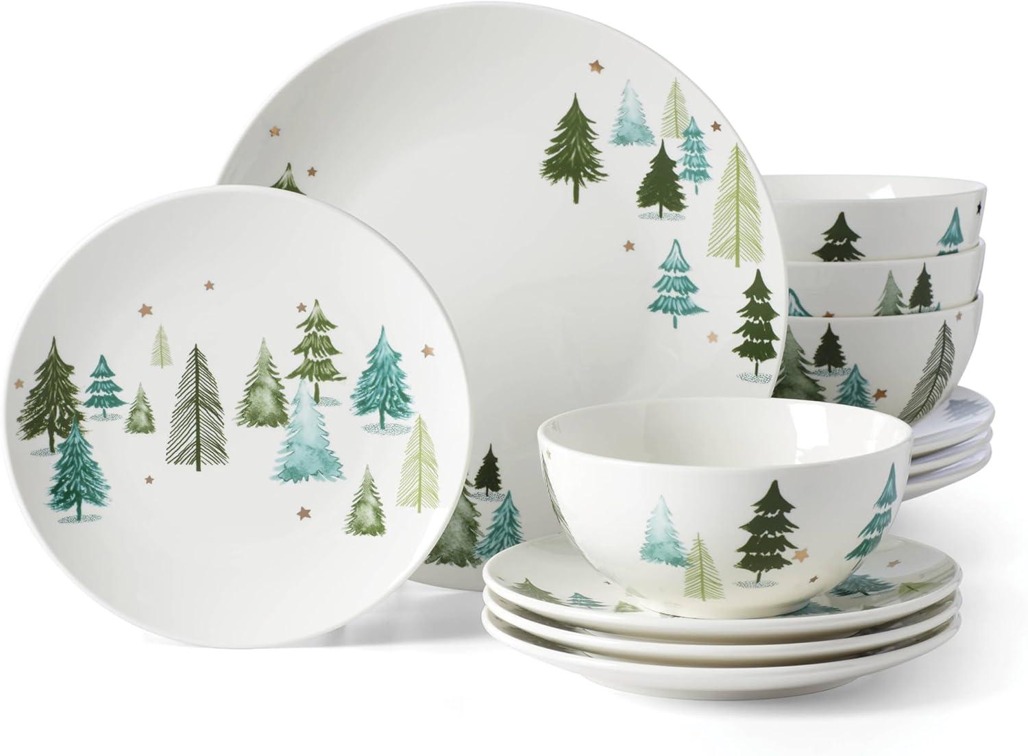 Balsam Lane 12-Piece White Porcelain Holiday Dinnerware Set