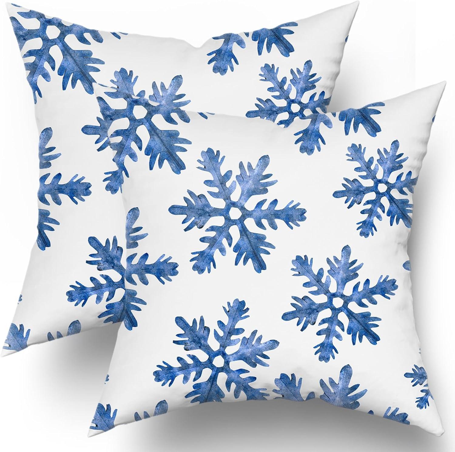 Set of 2 Merry Christmas Decorative Pillow Covers 18x18 inch,Blue Snow Winter with Snowflakes Falling White Crystal Double Sided Throw Pillow Covers Sofa Cushion Cover