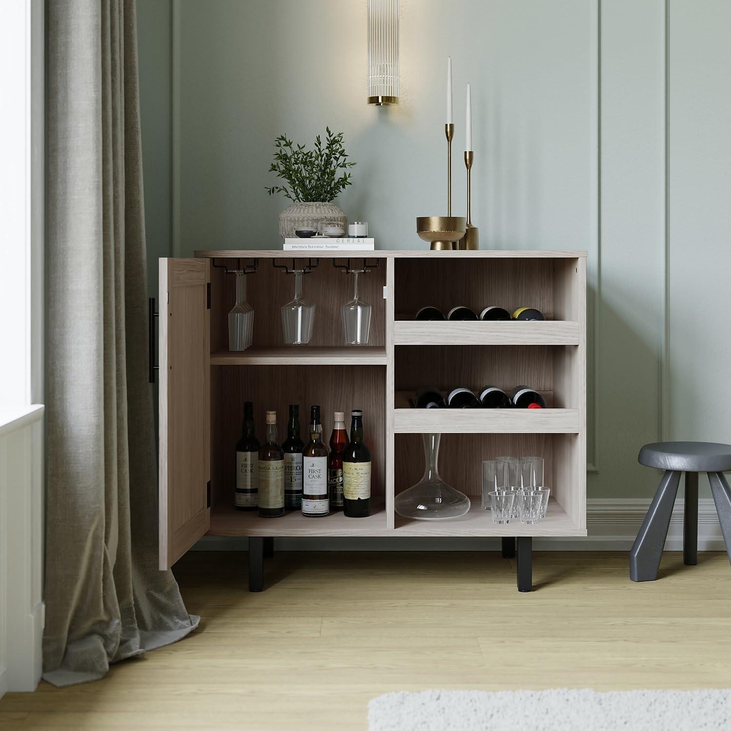 Gray Particleboard Bar Cabinet with Black Steel Legs