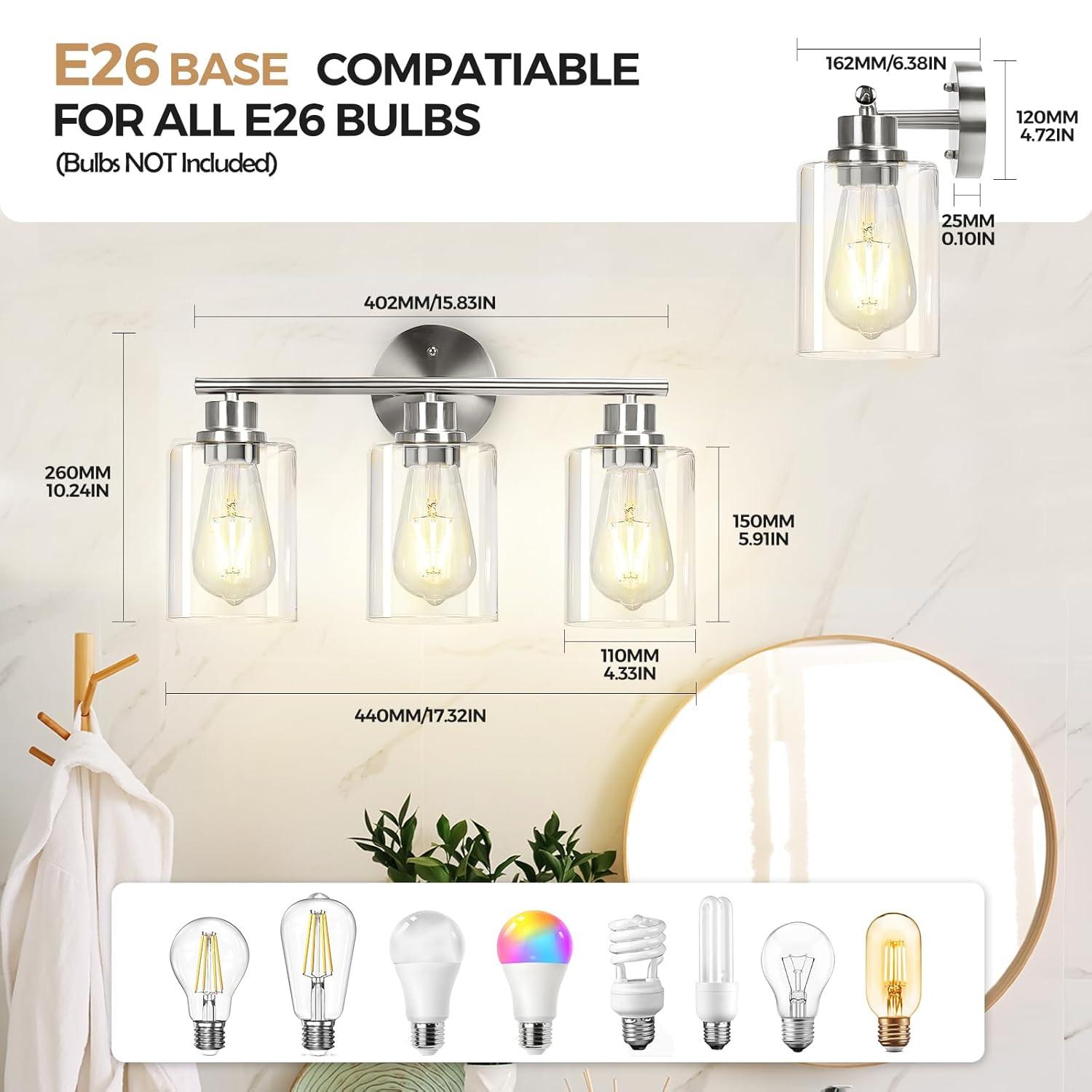 3-Light Bathroom Light Fixtures, Brushed Nickel Vanity Light, Farmhouse Wall Lights with Clear Glass Shade, Bathroom Wall Lamp for Mirror Kitchen Bedroom Hallway Living Room Hallway Cabinet