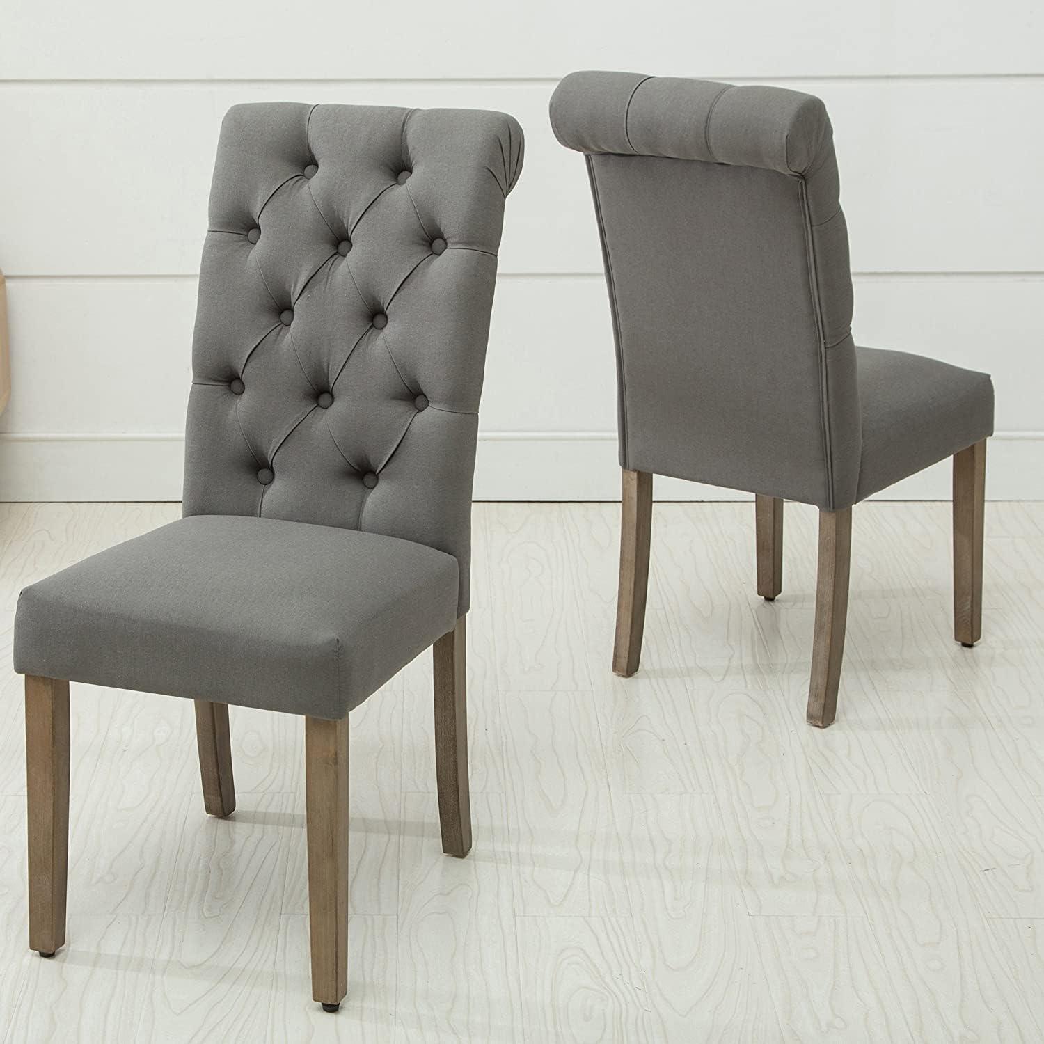 Sophisticated Grey Linen and Weathered Wood Tufted Dining Chair (Set of 2)