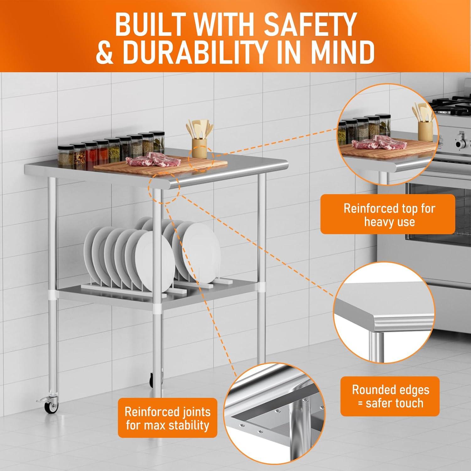 36"x24" Stainless Steel Kitchen Work Prep Table Commercial Workbench With Wheels