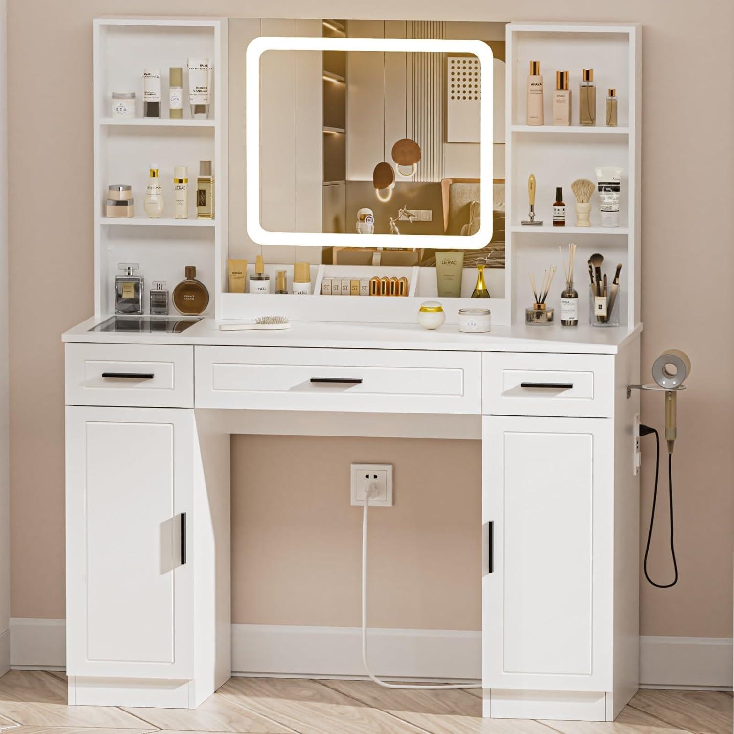 Hommpa Vanity Set with Mirror, Girls Makeup Vanity with  LED Lights, White Vanity Desk with Drawers, Vanity Table with Charging Station for Women Bedroom Storage