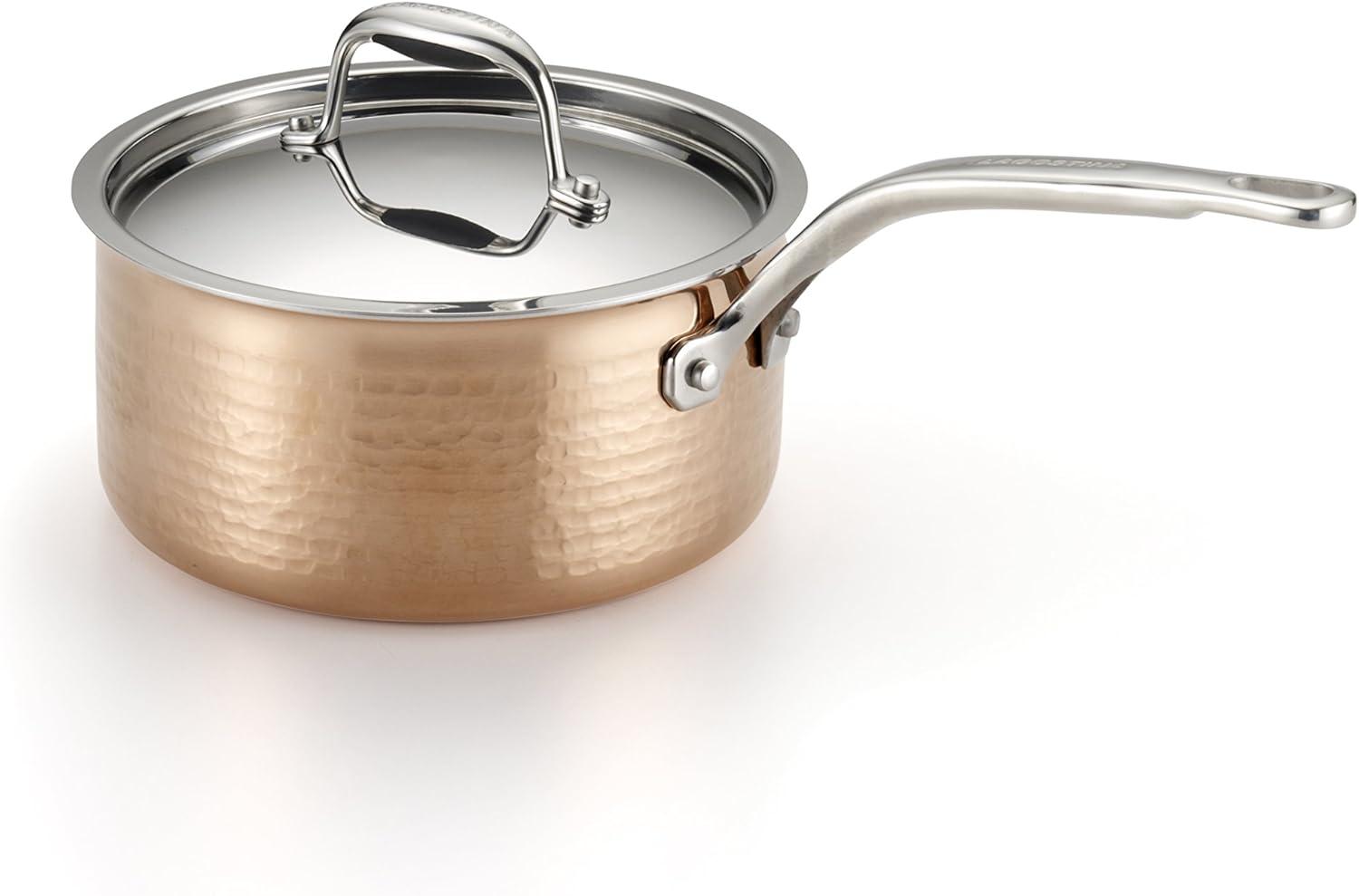 Lagostina Q5542364 Martellata Tri-ply Hammered Stainless Steel Copper Dishwasher Safe Oven Safe Saucepan Cookware, 2-Quart, Copper
