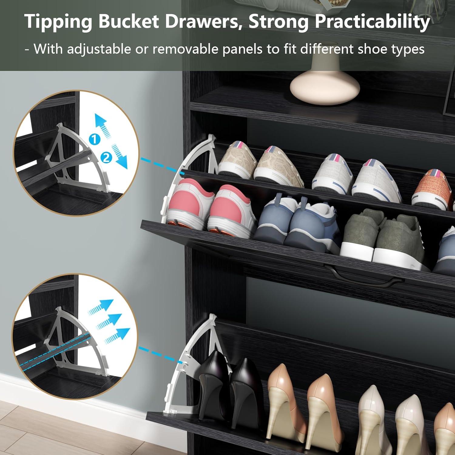 Shoe Cabinet with 2 Flip Drawers, Free Standing Tipping Bucket Shoe Rack Organizer with Adjustable Shelf, Shoe Storage Cabinet