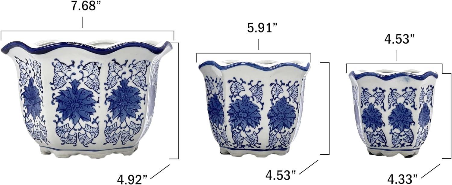 Set of 3 Blue and White Ceramic Floral Planter Pots