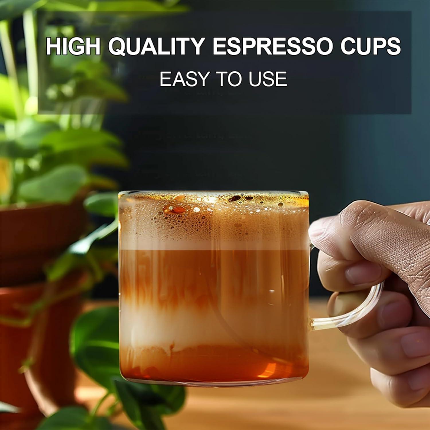 PARACITY Espresso Cups Set of 4, Insulated Espresso Accessories 4.3 OZ, High Borosilicate Espresso Shot Glass, Clear Glass Expresso Coffee Cup with Handle, Small Tea Cups