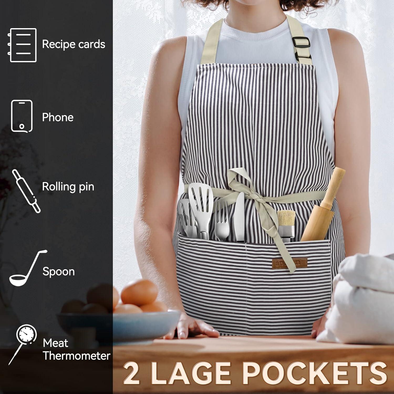 NLUS 2 Pack Cooking Aprons for Women Men with 2 Pockets, 29.5" x 26.8" (Black/Brown Stripes)