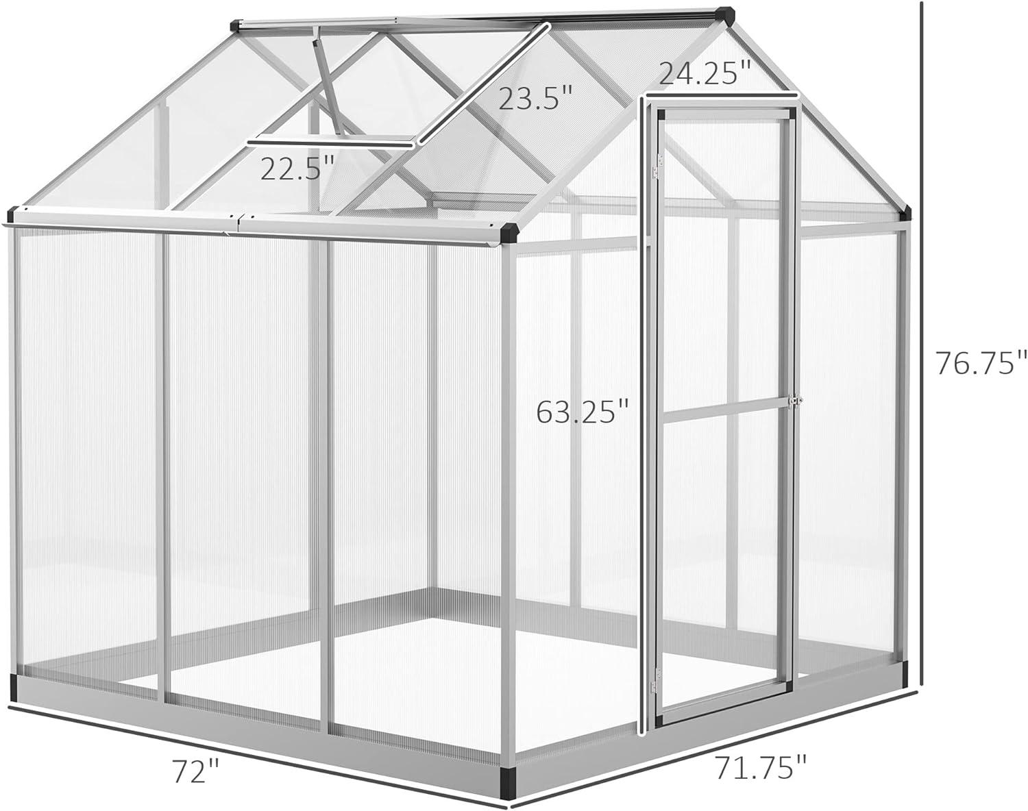 Outsunny Walk-In Polycarbonate Greenhouse with Roof Vent for Ventilation & Rain Gutter, Hobby Greenhouse for Winter