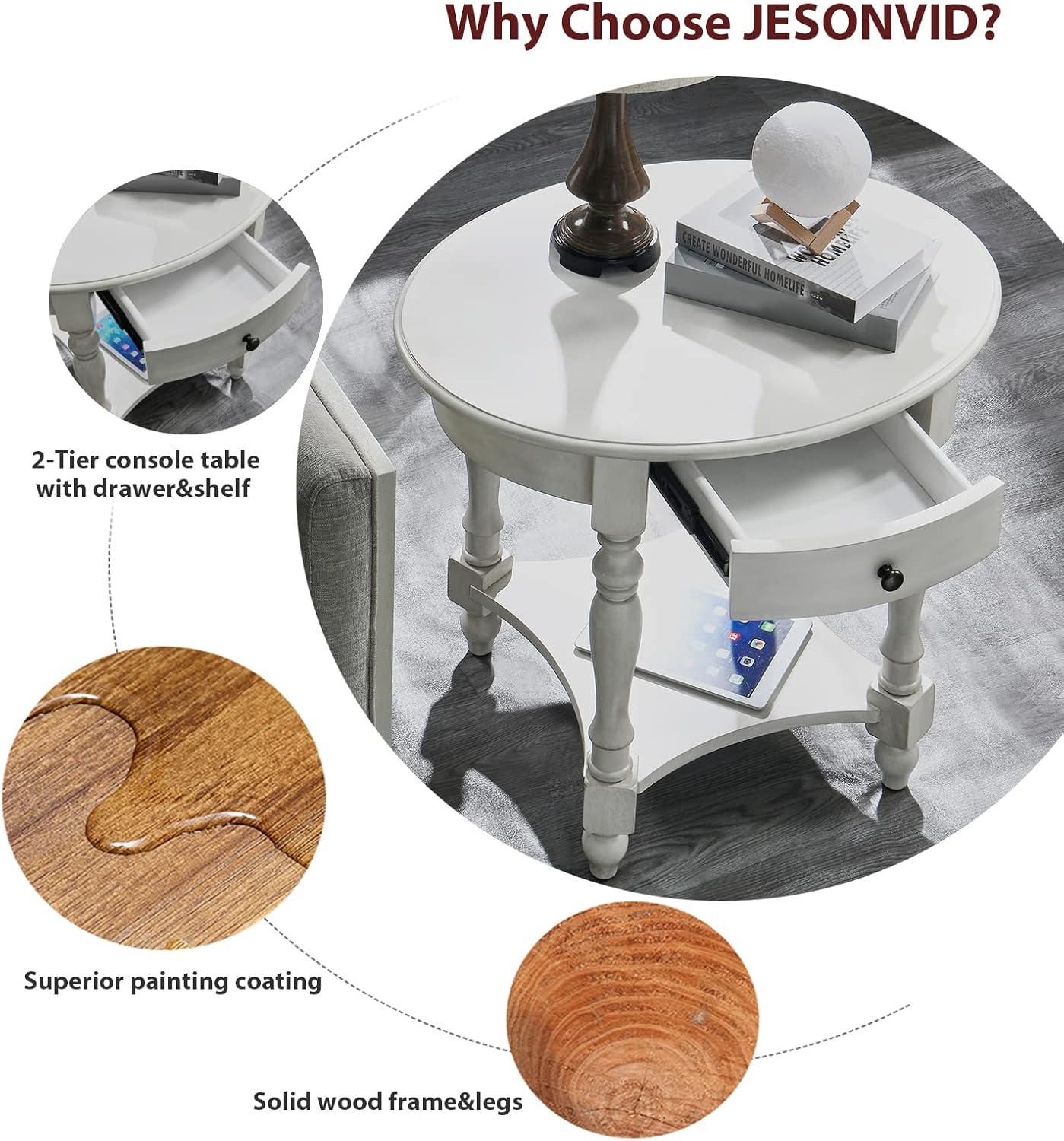 Solid Wood Oval End Table Sofa Table with Drawer and Storage Shelf Antique White - End Table