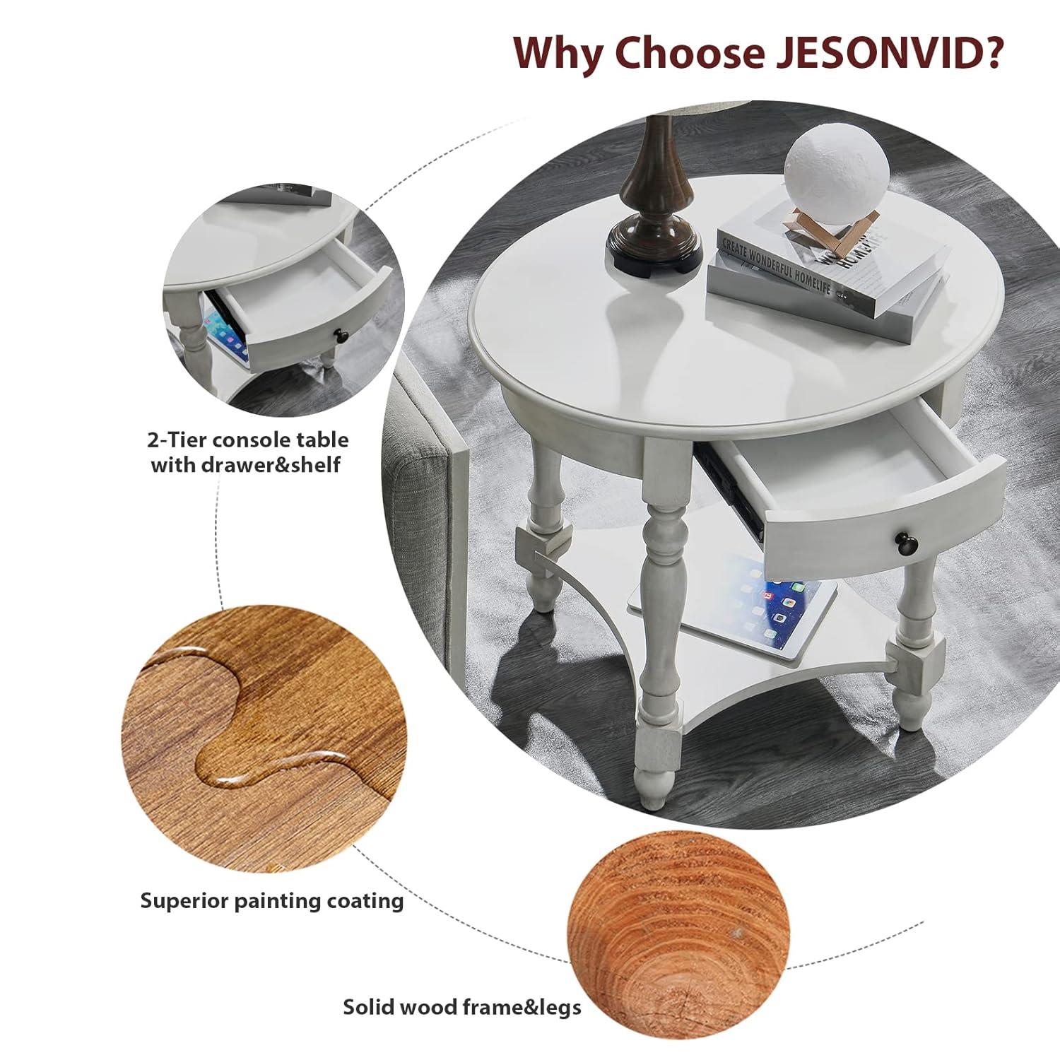 Solid Wood Oval End Table Sofa Table with Drawer and Storage Shelf Antique White - End Table