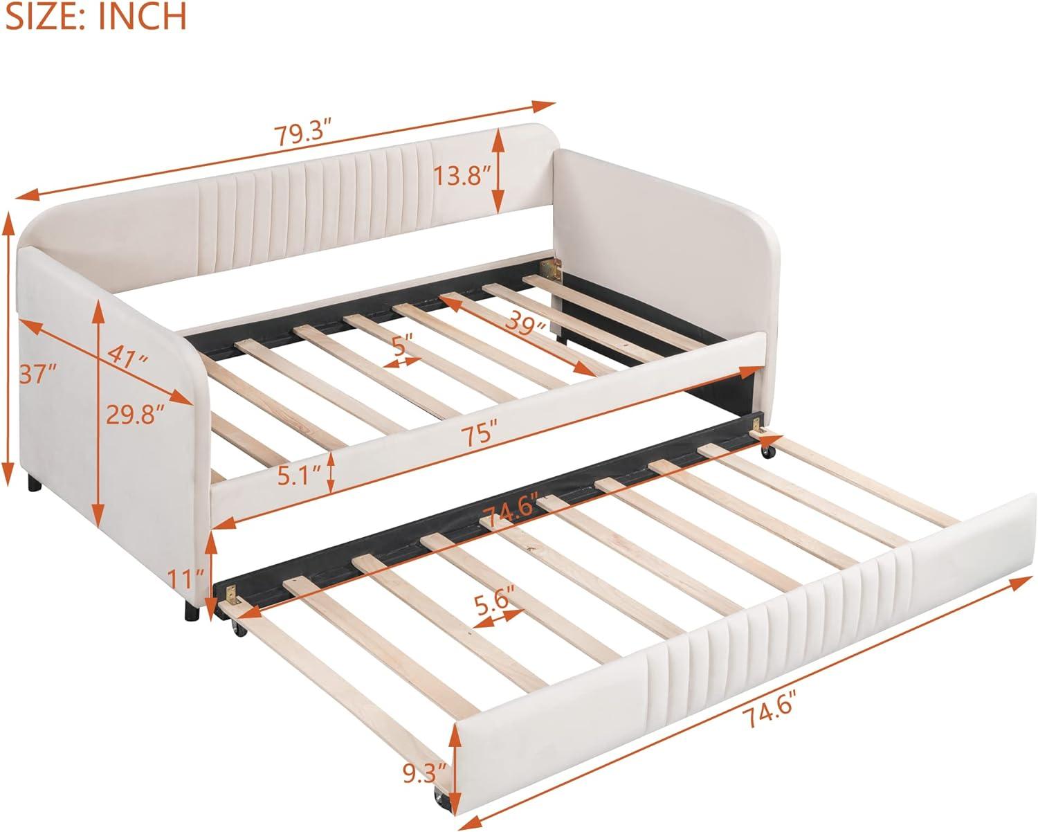 Beige Twin Velvet Upholstered Daybed with Trundle
