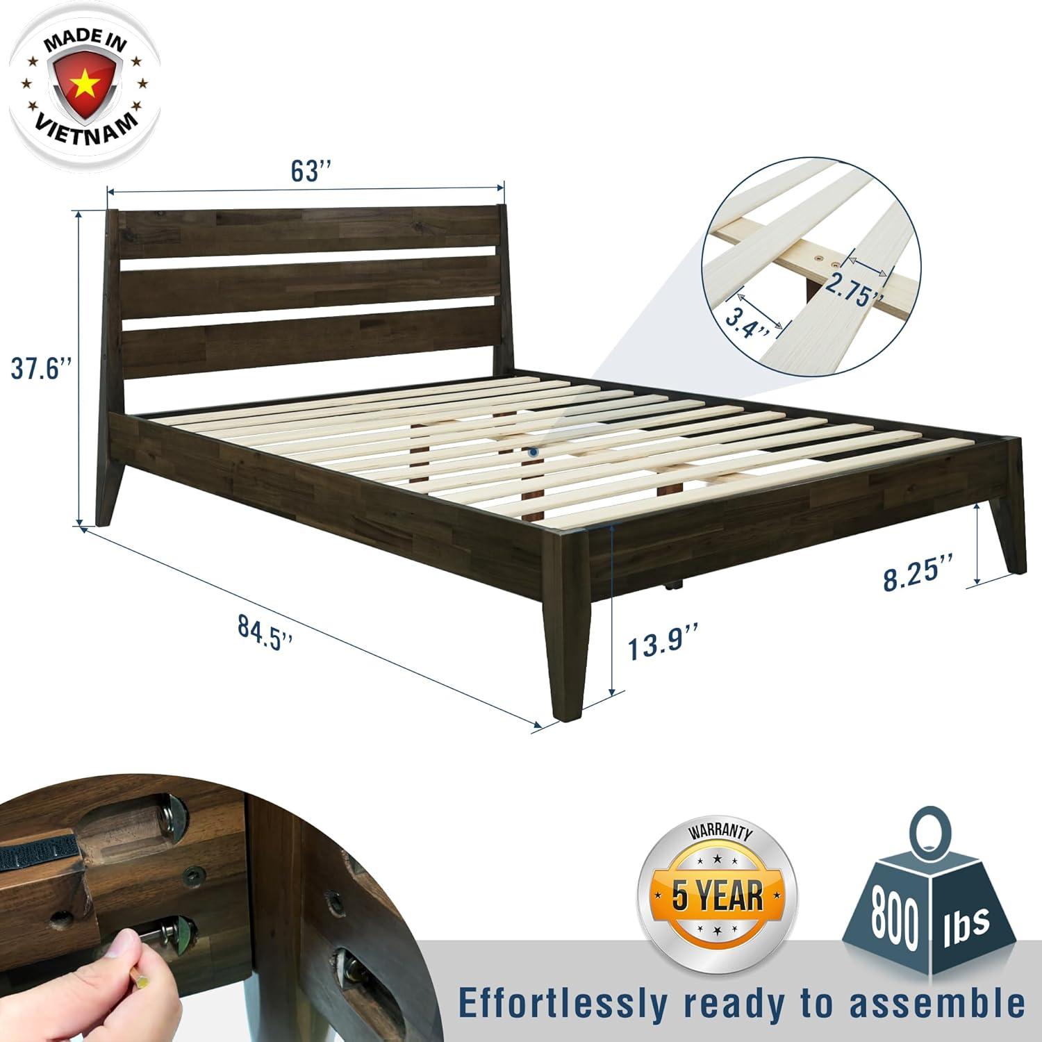 Acacia Acacia Bed Frame with Headboard Solid Wood Platform Bed