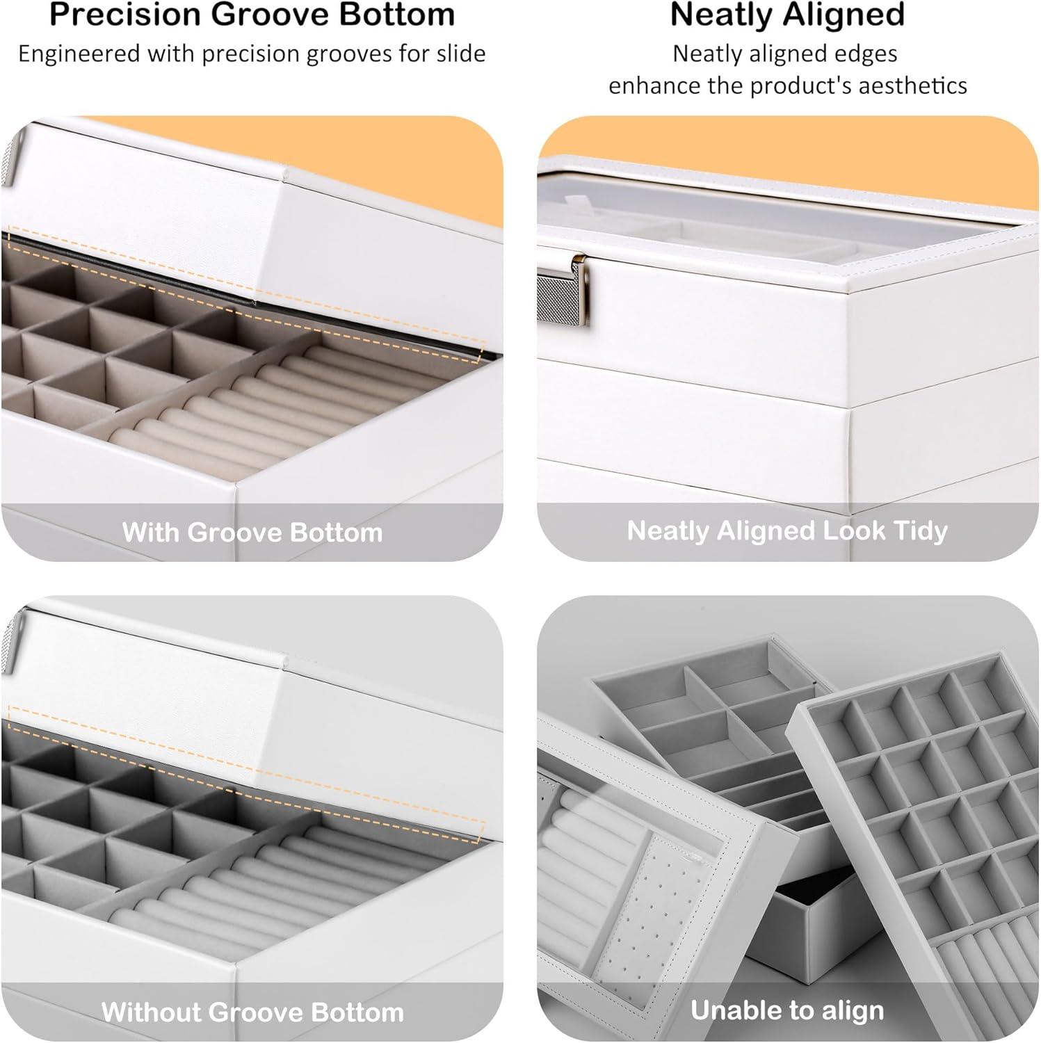 Latitude Run® Stackable Jewelry Trays, 4-Tier Jewelry Box, Drawer Jewelry Organizer, With Glass Lid, Removable Dividers, For Vanity Table, 6.7 X 11 X 7.2 Inches, Cloud White