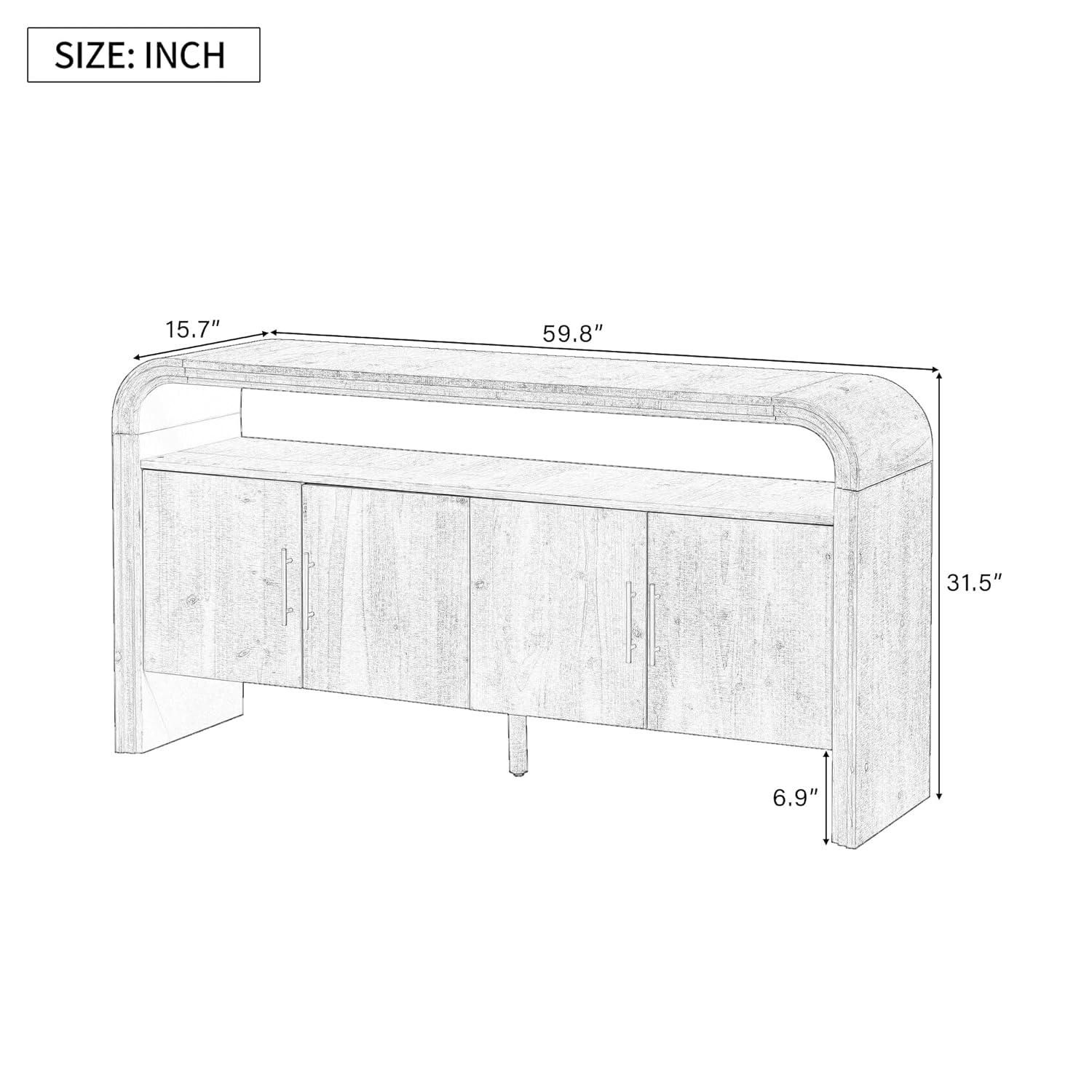 Unique Retro Curved Sideboard with 4 Doors and Treated Fir Veneer, Wood Accent Entryway Console Table Storage Cabinet for Hallway Living Room Foyer Corridor (Natural-12.31)