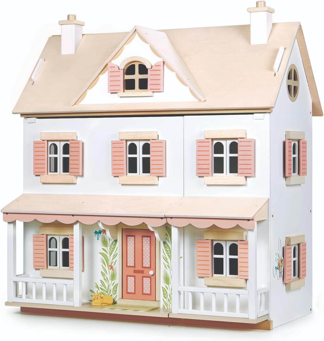 Large White and Pink Wooden Colonial Dollhouse Kit