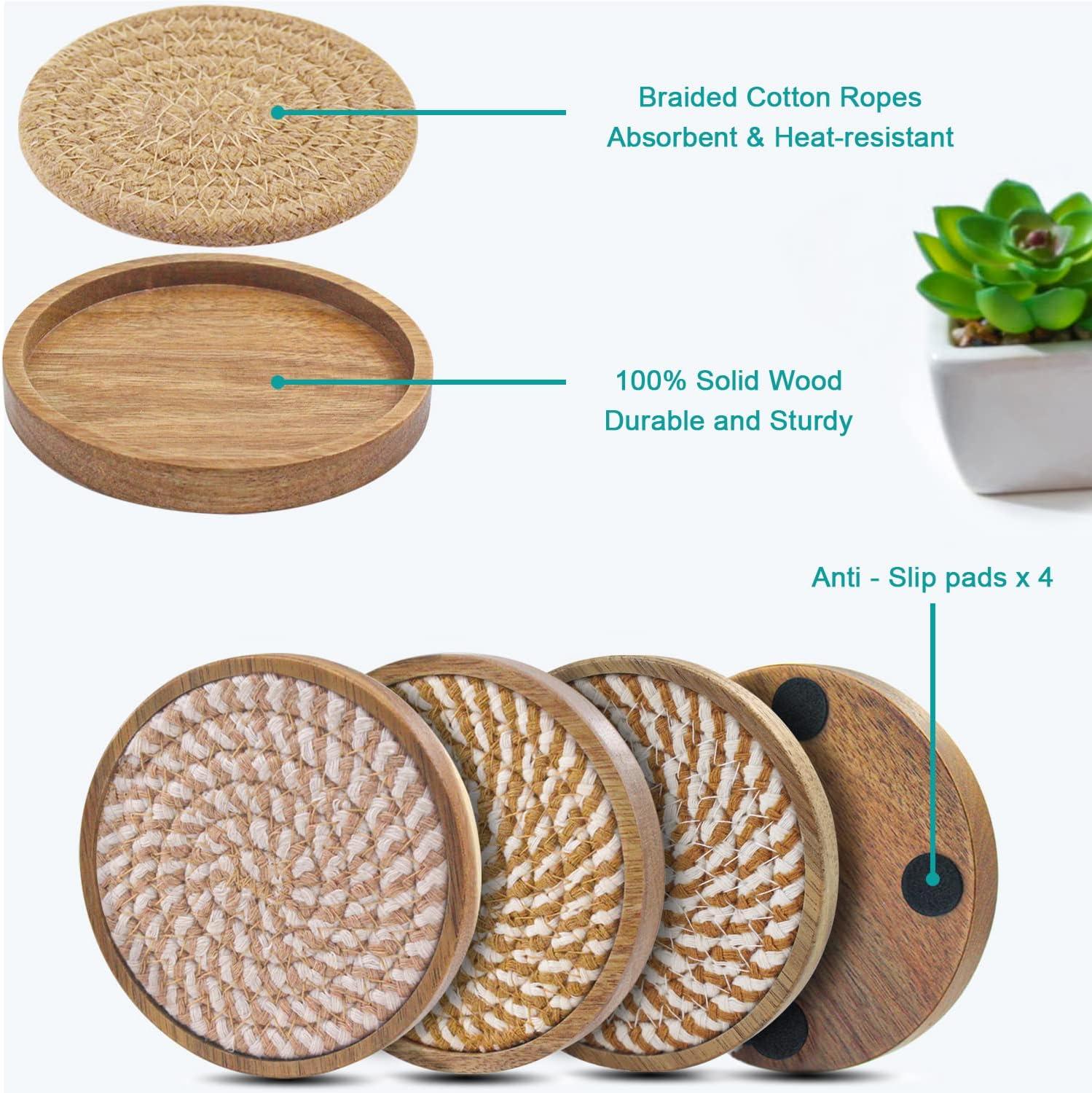 Wood Coasters for Drinks, Absorbent Coaster Sets of 5, Woven Drink Coasters for Coffee Table, Housewarming Gift for Farmhouse Home Decor,4 inches #1 Brown 5 Pack