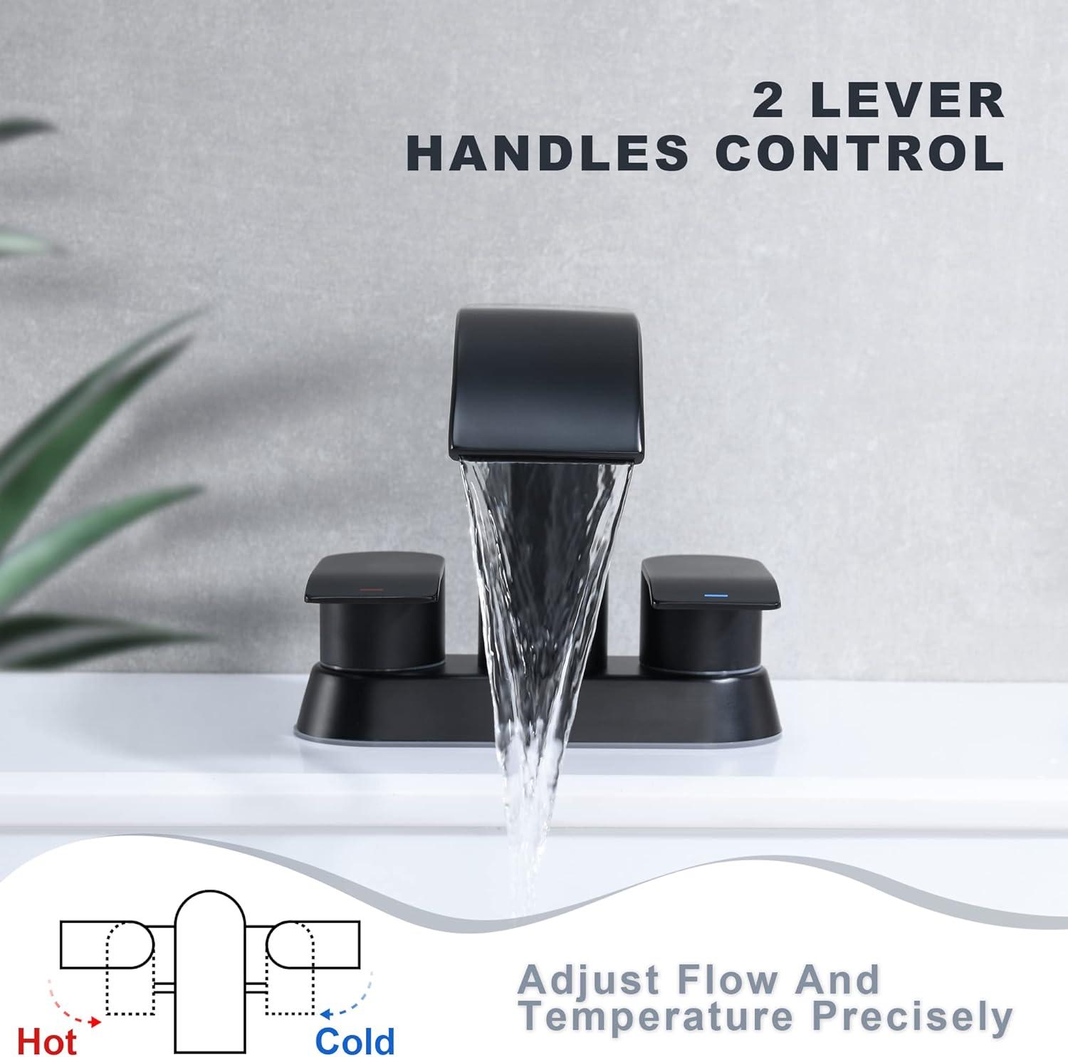 Waterfall Bathroom Sink Faucet Matte Black, Two Handles Bathroom Faucet with Metal Pop up Sink Drain Stopper, 2 or 3 Holes Bathroom Basin Lavatory Mixer Tap with Deck Mount Plate