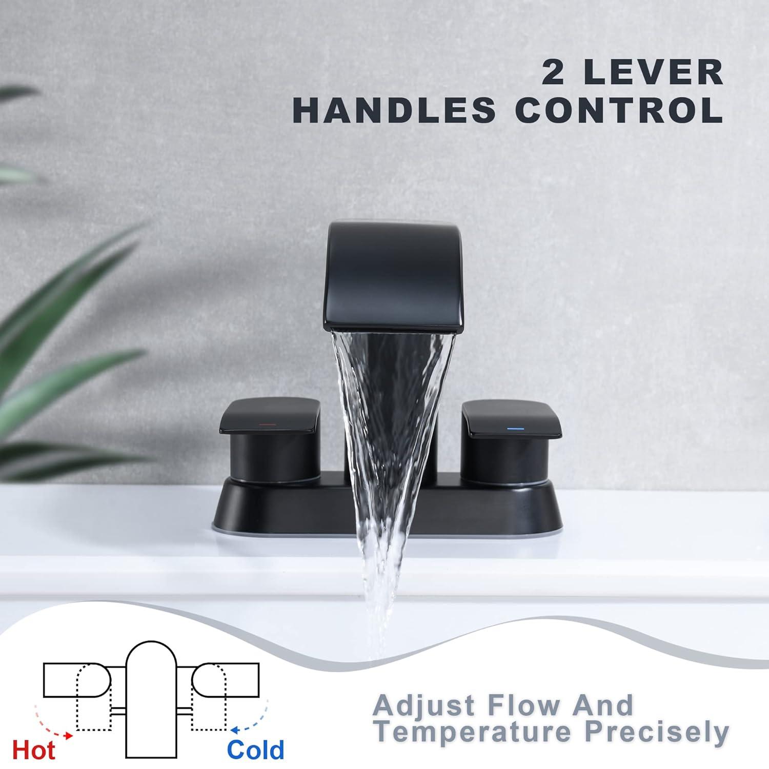 Waterfall Bathroom Sink Faucet Matte Black, Two Handles Bathroom Faucet with Metal Pop up Sink Drain Stopper, 2 or 3 Holes Bathroom Basin Lavatory Mixer Tap with Deck Mount Plate