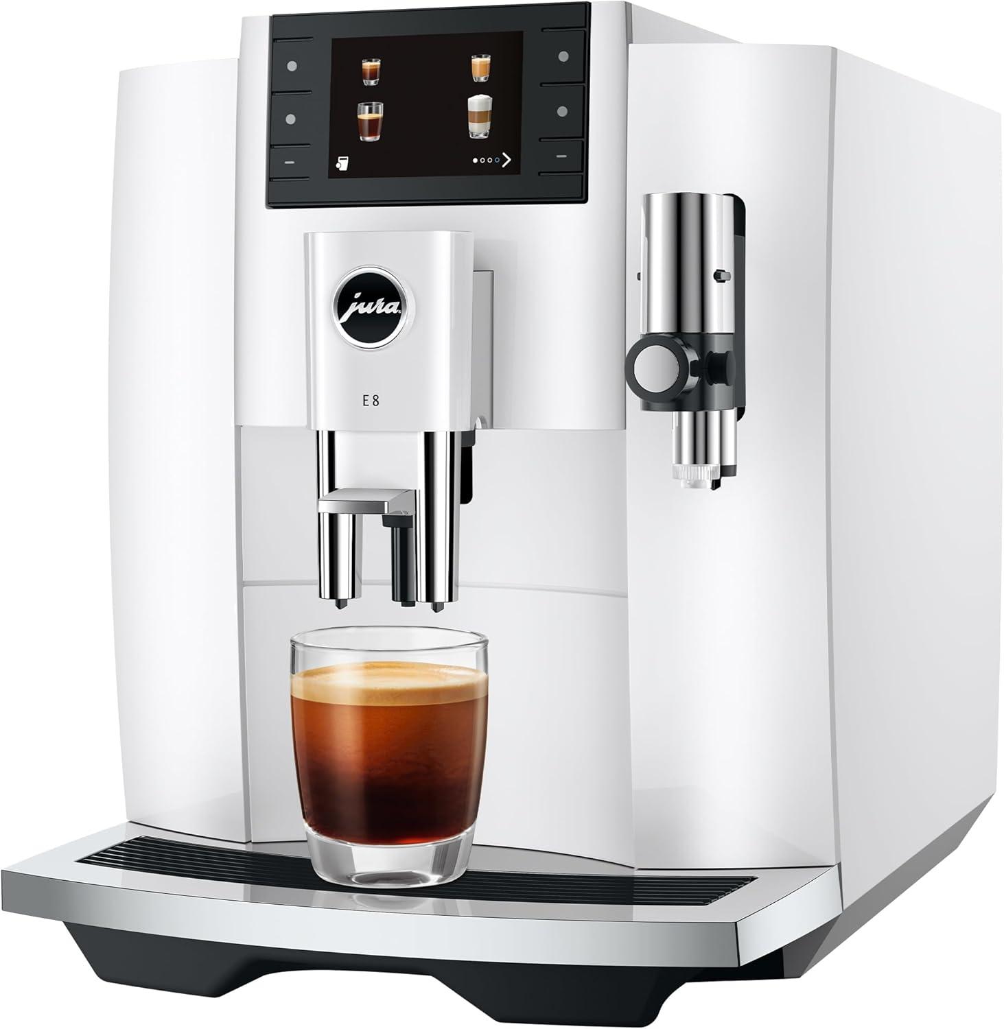 Jura E8 Coffee Machine with P.A.G.2 Grinder, 17 Specialties, 3.5-Inch Color Display, and One-Touch Cleaning System (Piano White)