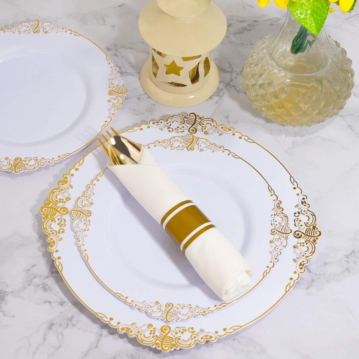 Liacere 60 Pack Gold Plastic Plates - White and Gold Disposable Plates include 30PCS 10.25inch Gold Dinner Plate, 30PCS 7.5inch Dessert Plate for Party & Wedding & Fall Decor