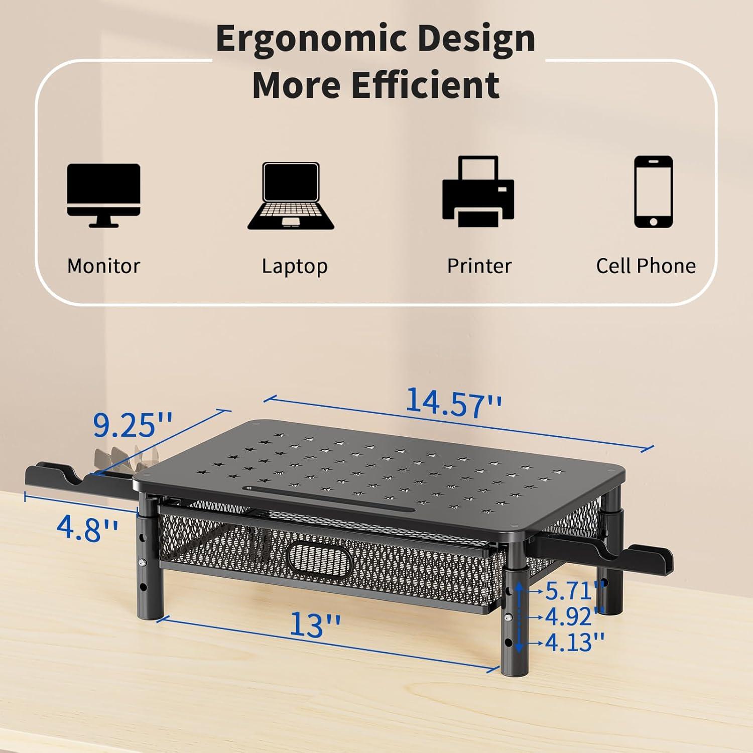 Black Adjustable Metal Monitor Stand with Mesh Drawer and Phone Holder