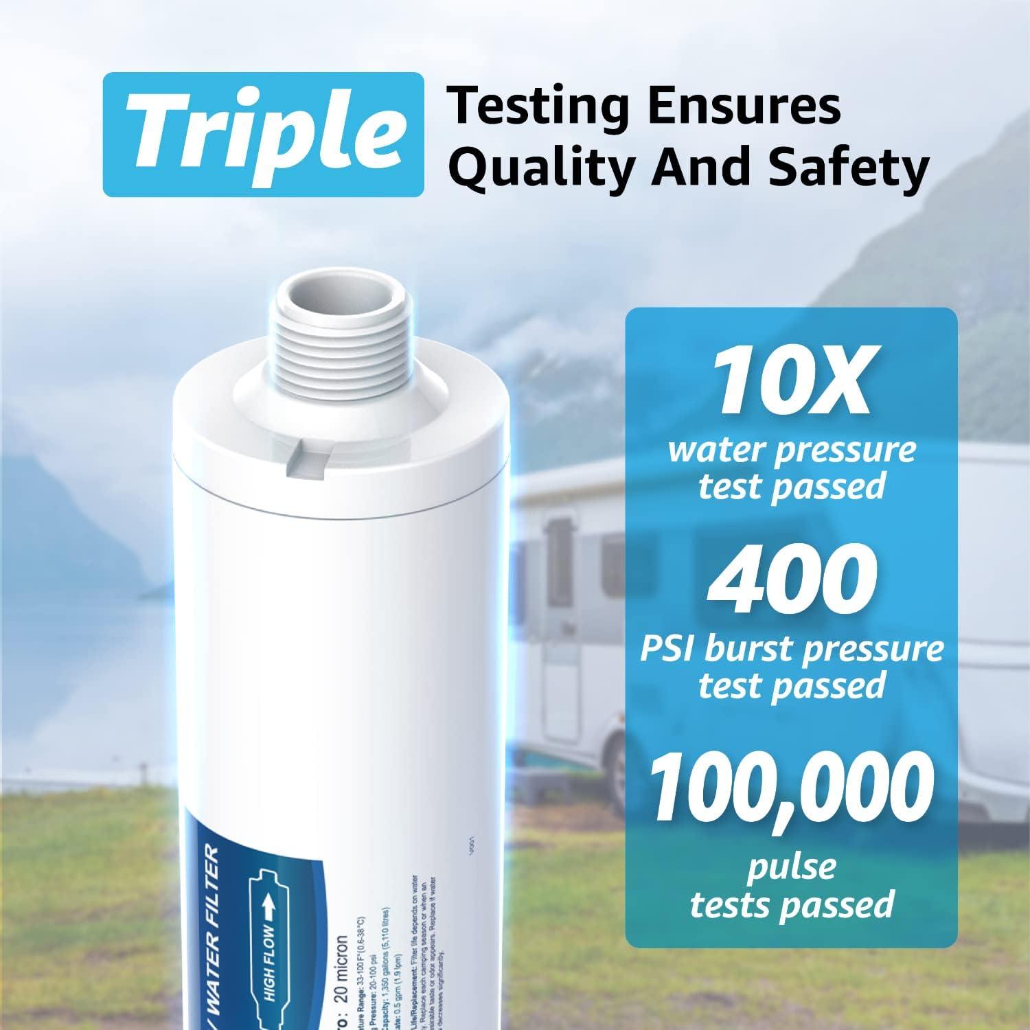 2 PACK, AQUA CREST RV Inline Water Filter with Hose Protector, NSF Certified, Greatly Reduces Chlorine, Bad Taste, Odor in Drinking Water, KDF Filter for RVs and Marines (Packaging May Vary)