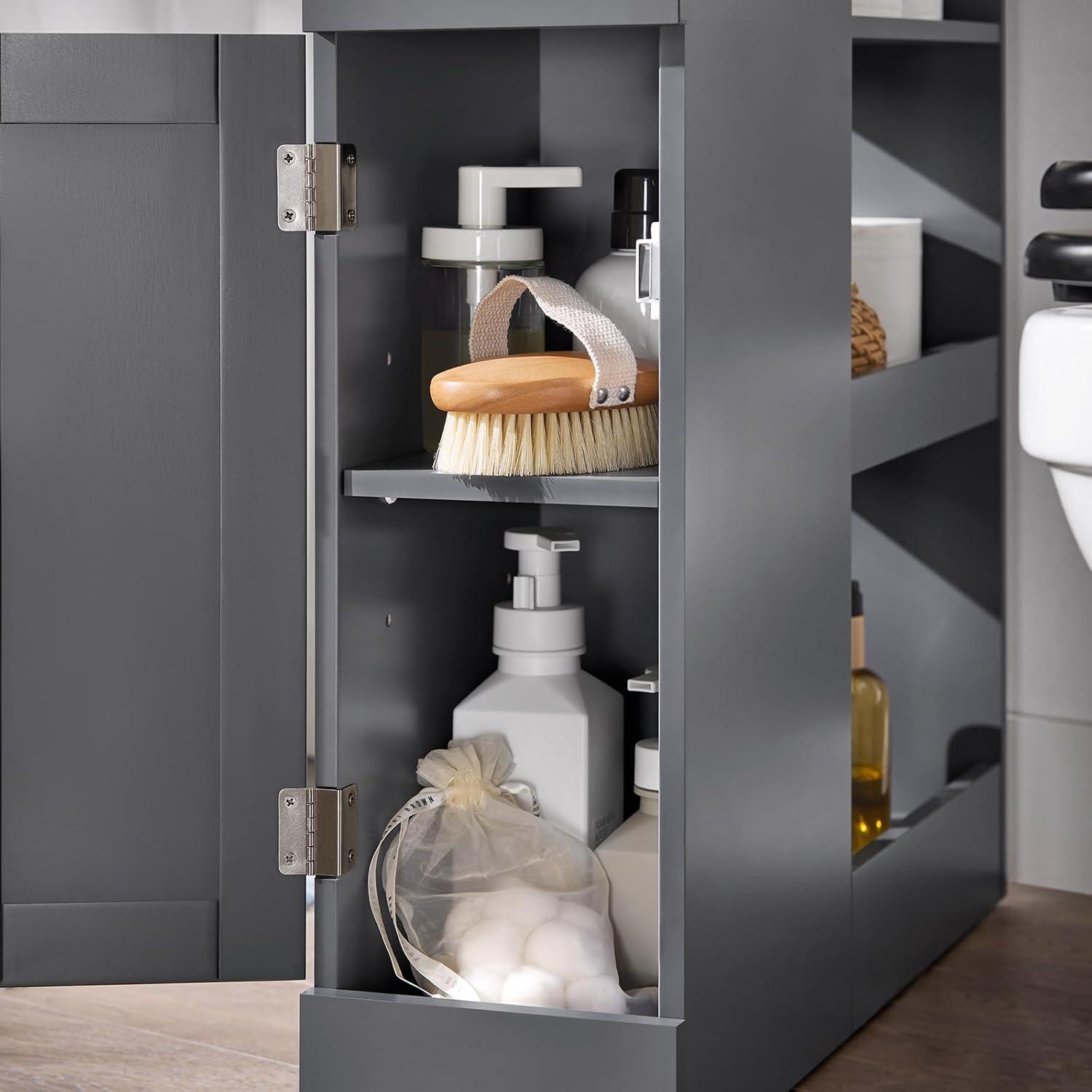 Gray MDF Bathroom Storage Cabinet with Wheels and Drawer