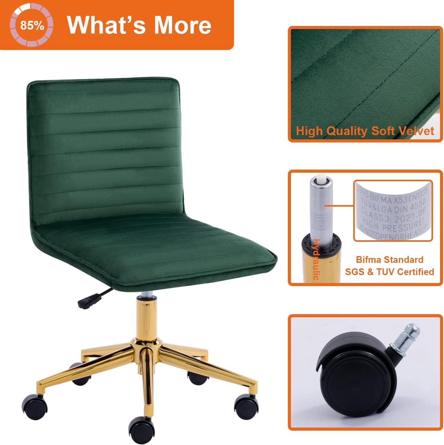 Furniliving Velvet Armless Mid-Back  Task Chair Swivel Office Chair Rolling Computer Chair Adjustable Vanity Chair, Dark Green