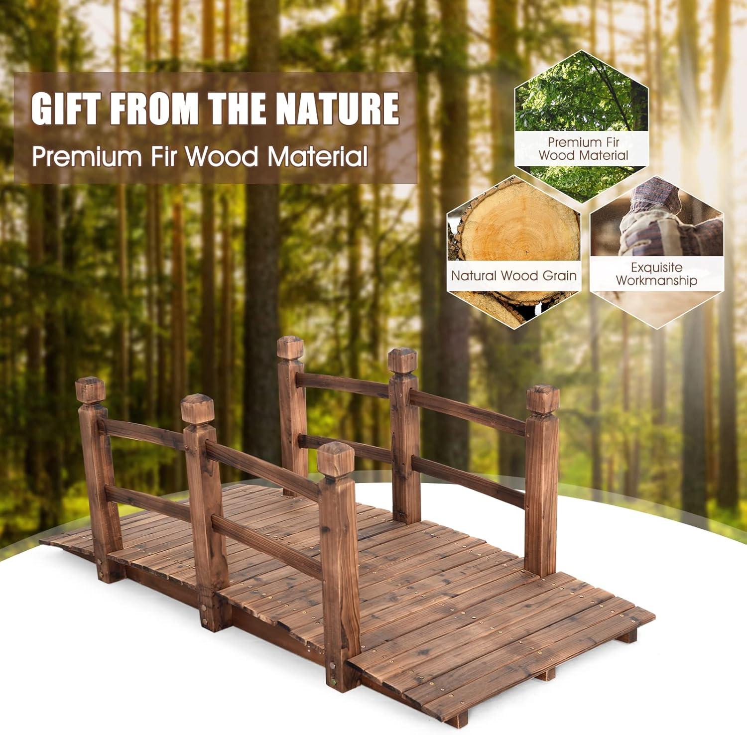 5-Foot Brown Fir Wood Garden Bridge with Railings