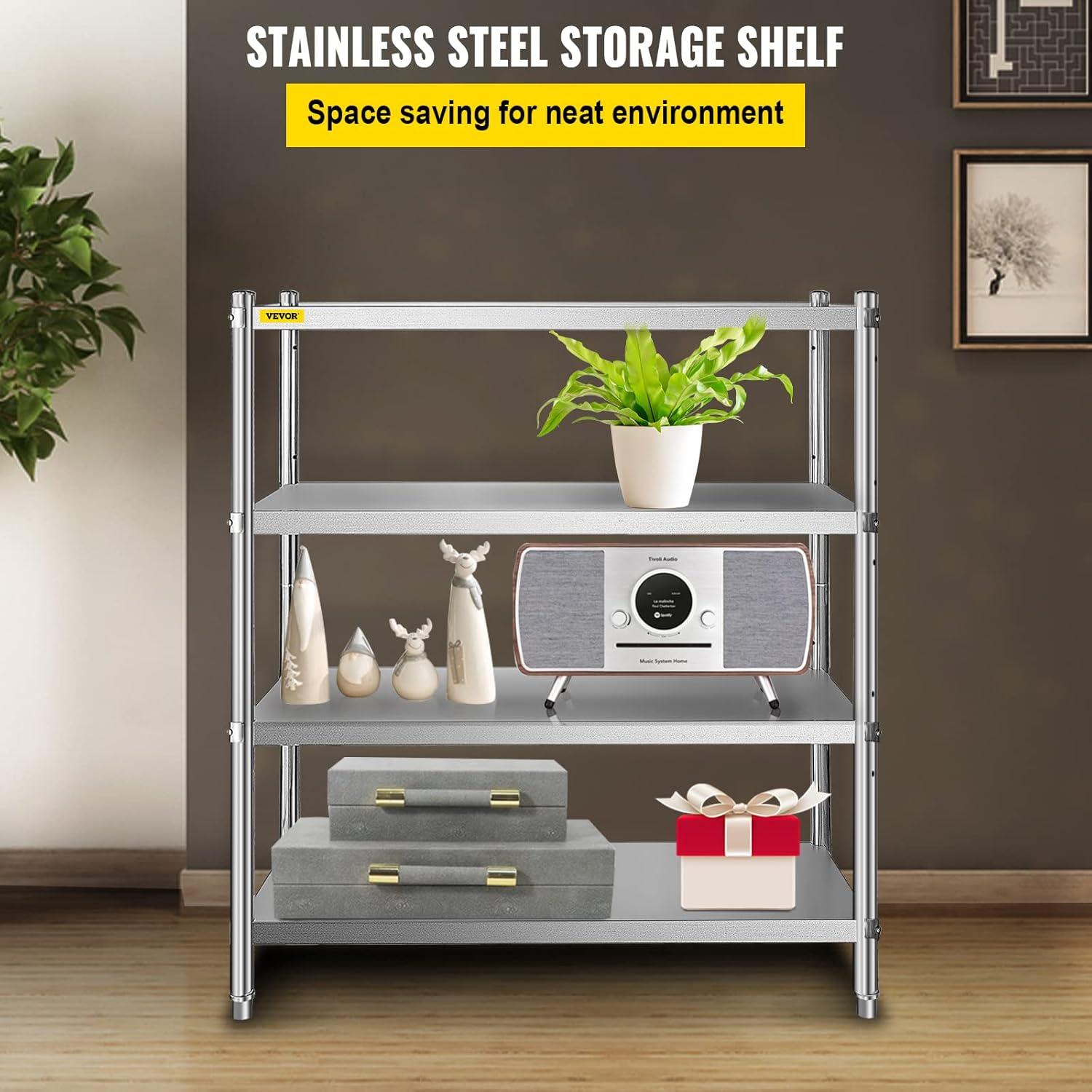 VEVORbrand Stainless Steel Shelving 46.8x18.5 inch 4 Tier Adjustable Shelf Storage Unit Stainless Steel Heavy Duty Shelving for Kitchen Commercial Office Garage Storage 330lb Per Shelf