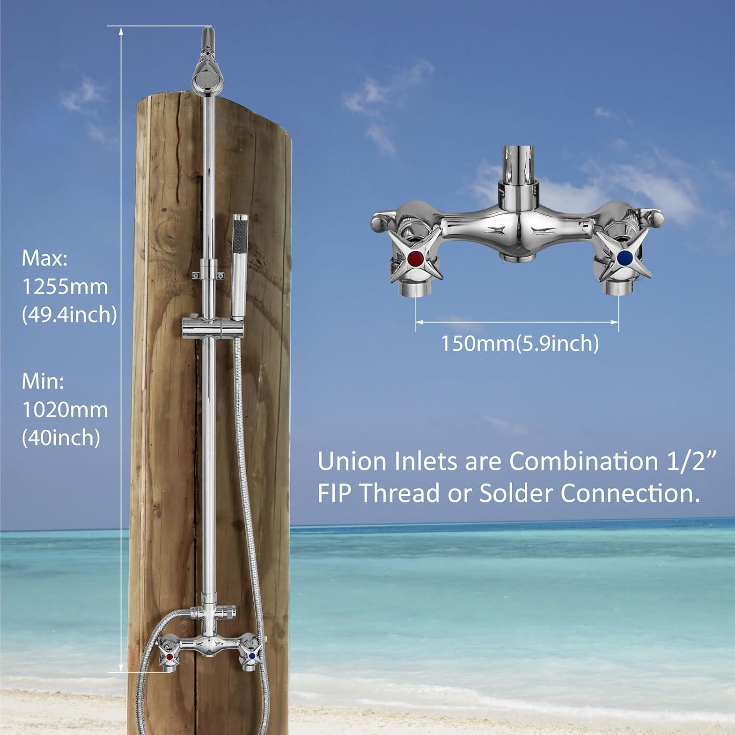 Aolemi Wall Mount Outdoor Shower Kit,Outdoor Shower Fixtures Faucet System with Handheld Spray,Double Handle 6 Inch Center Exposed Shower with Shower Head Polish Chrome