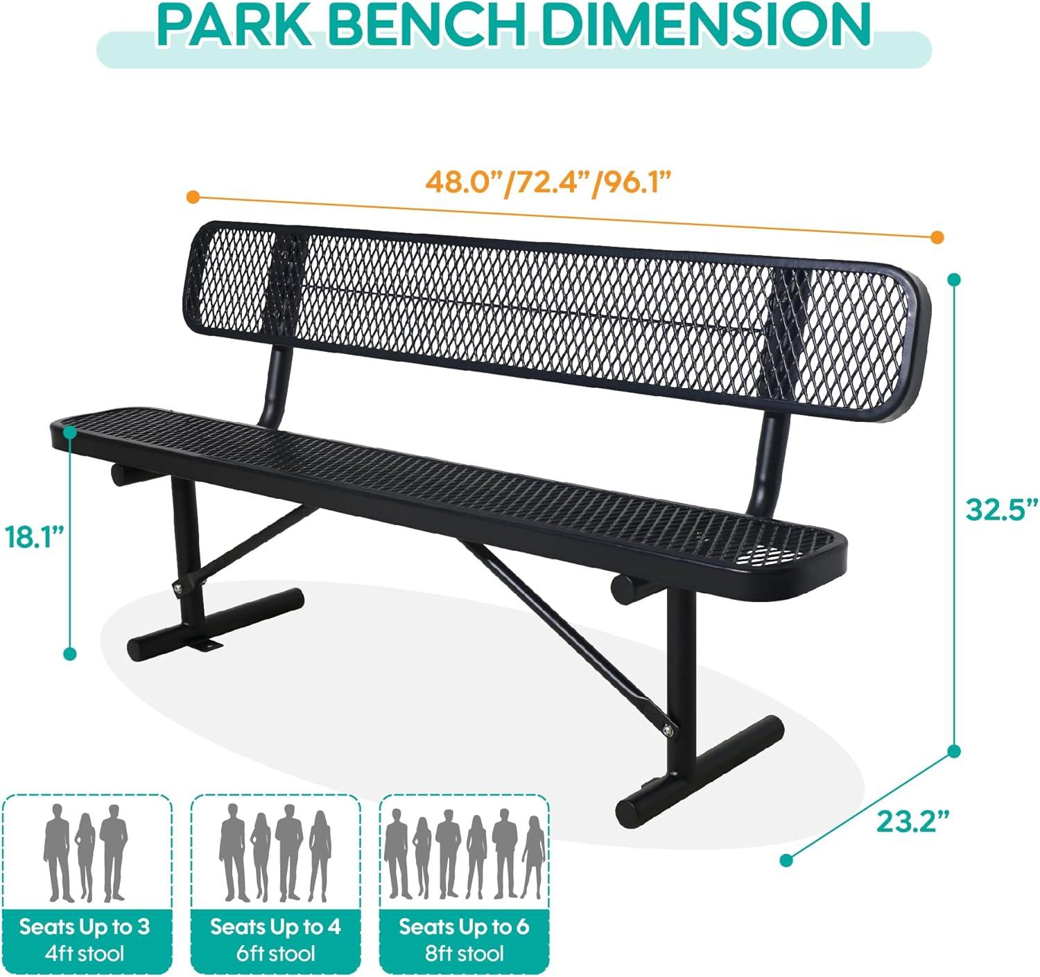 72'' Black Steel Outdoor Bench with Mesh Backrest